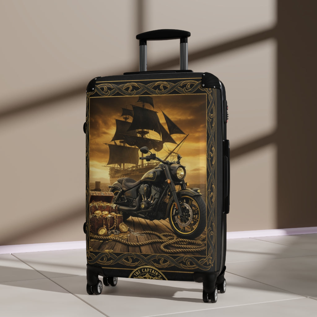 Vintage Pirate Ship & Motorcycle Suitcase – Travel Carry-On with Nautical Adventure Design