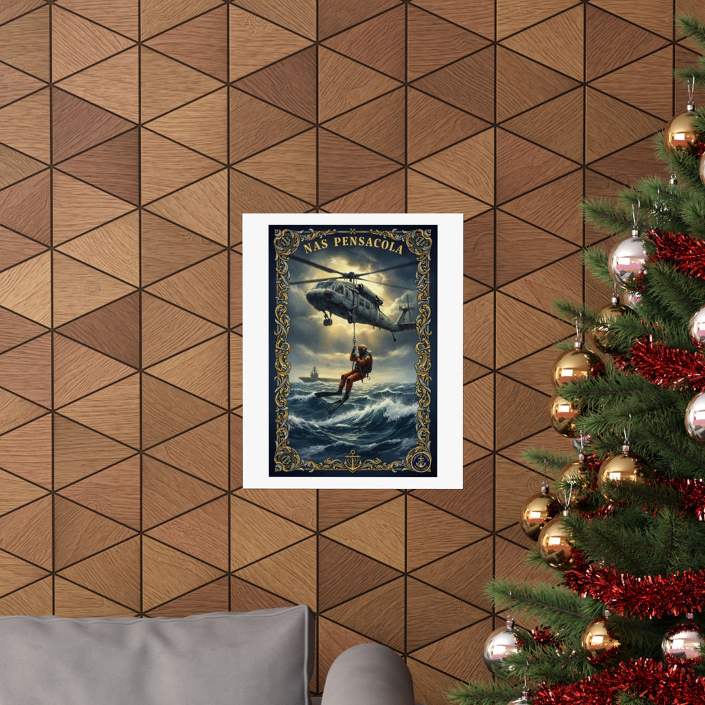 NAS Pensacola Rescue Helicopter Matte Poster — Search & Rescue Nautical Wall Art