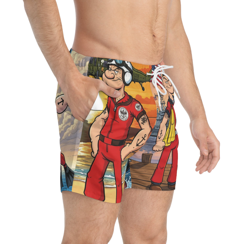 Popeye Nautical Swim Trunks — Cartoon Sailor All-Over Print Beach Shorts