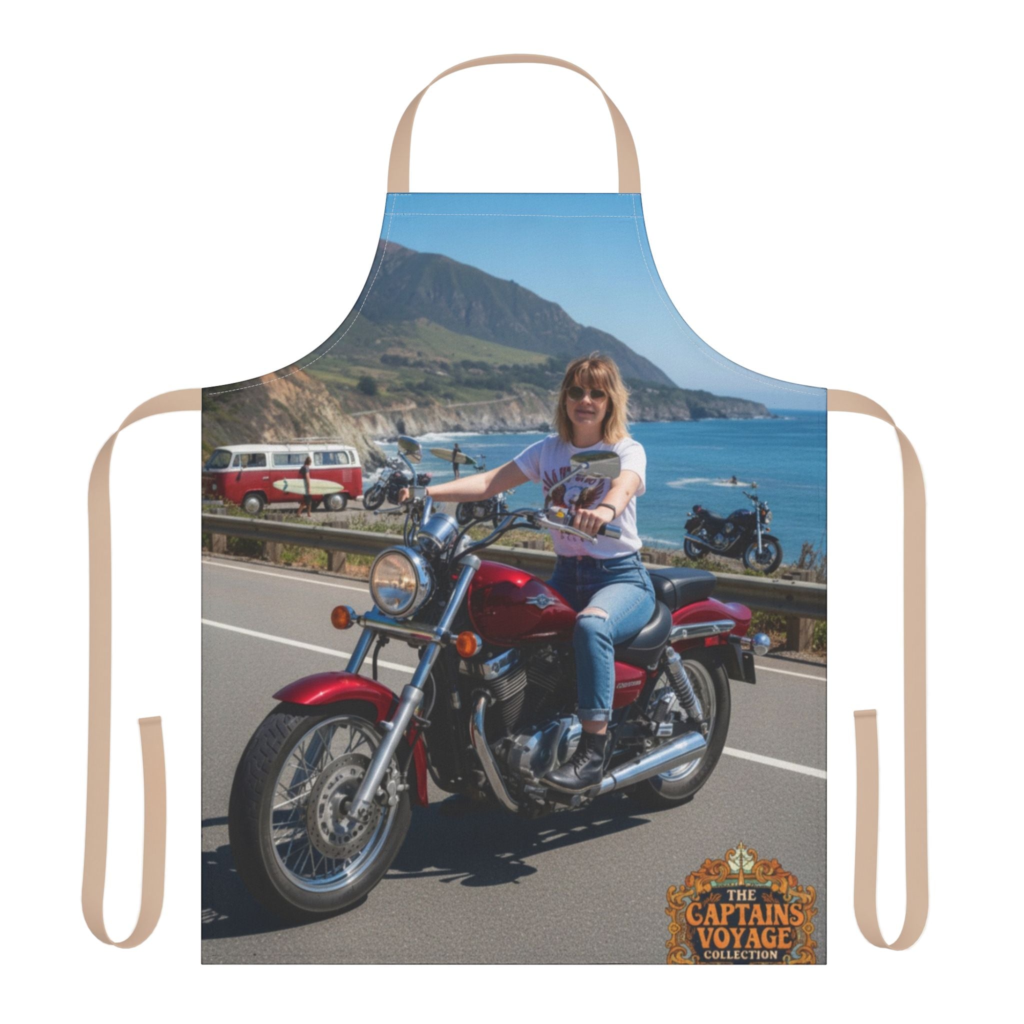 Custom Motorcycle Photo Apron — Personalized Biker Cook Apron with Scenic Ride Print