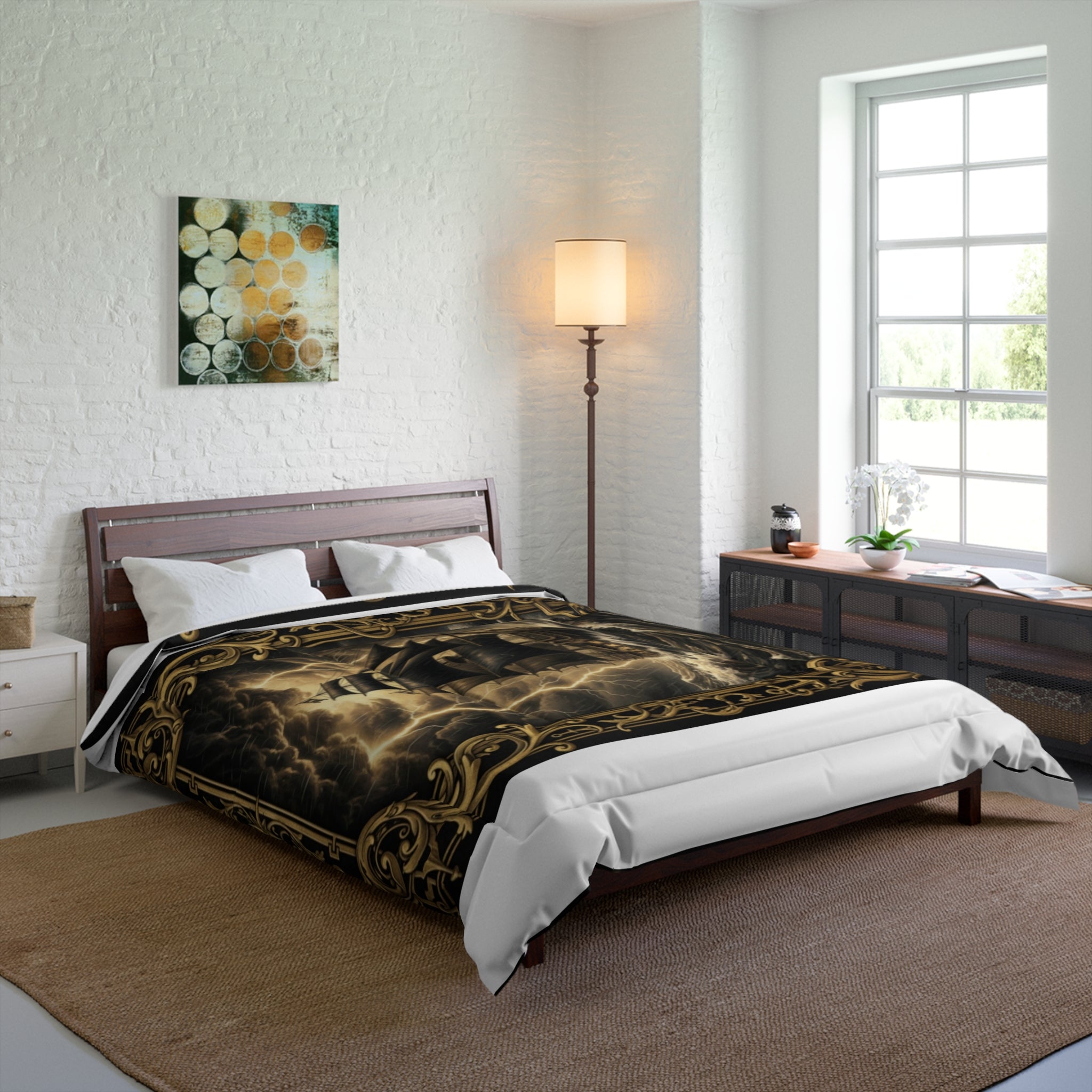 Nautical Storm Ship Comforter – Vintage Pirate Ship Bedding with Ornate Compass Frame
