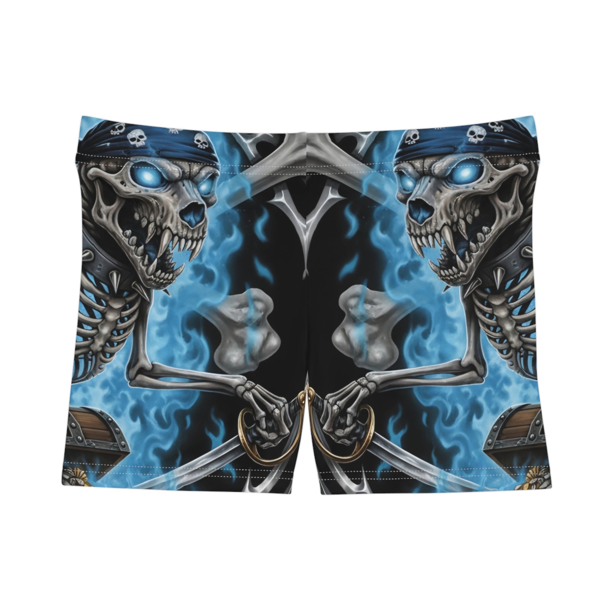 Skeleton Reaper Blue Flame Women's Shorts – Gothic Skull All-Over Print