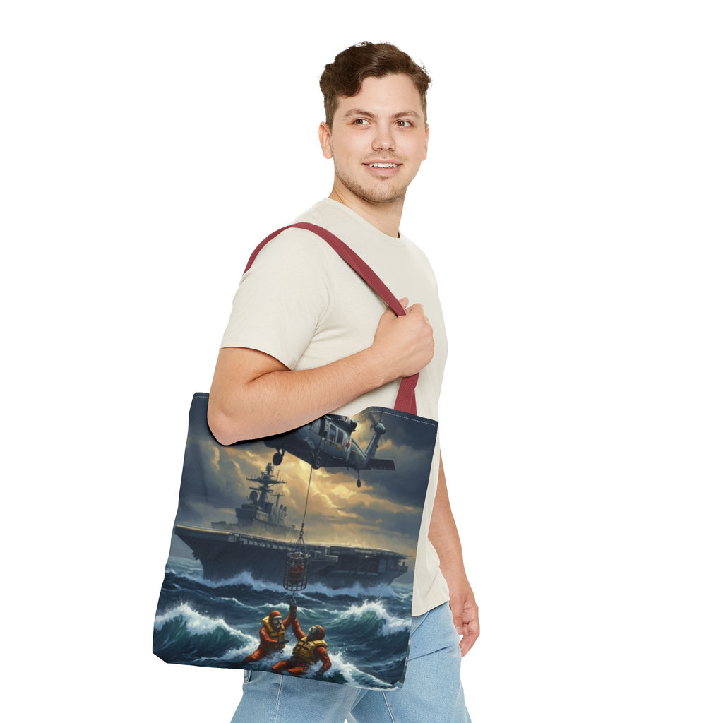 Rescue Squadron Tote Bag – Military Helicopter & Ship Search and Rescue Artwork