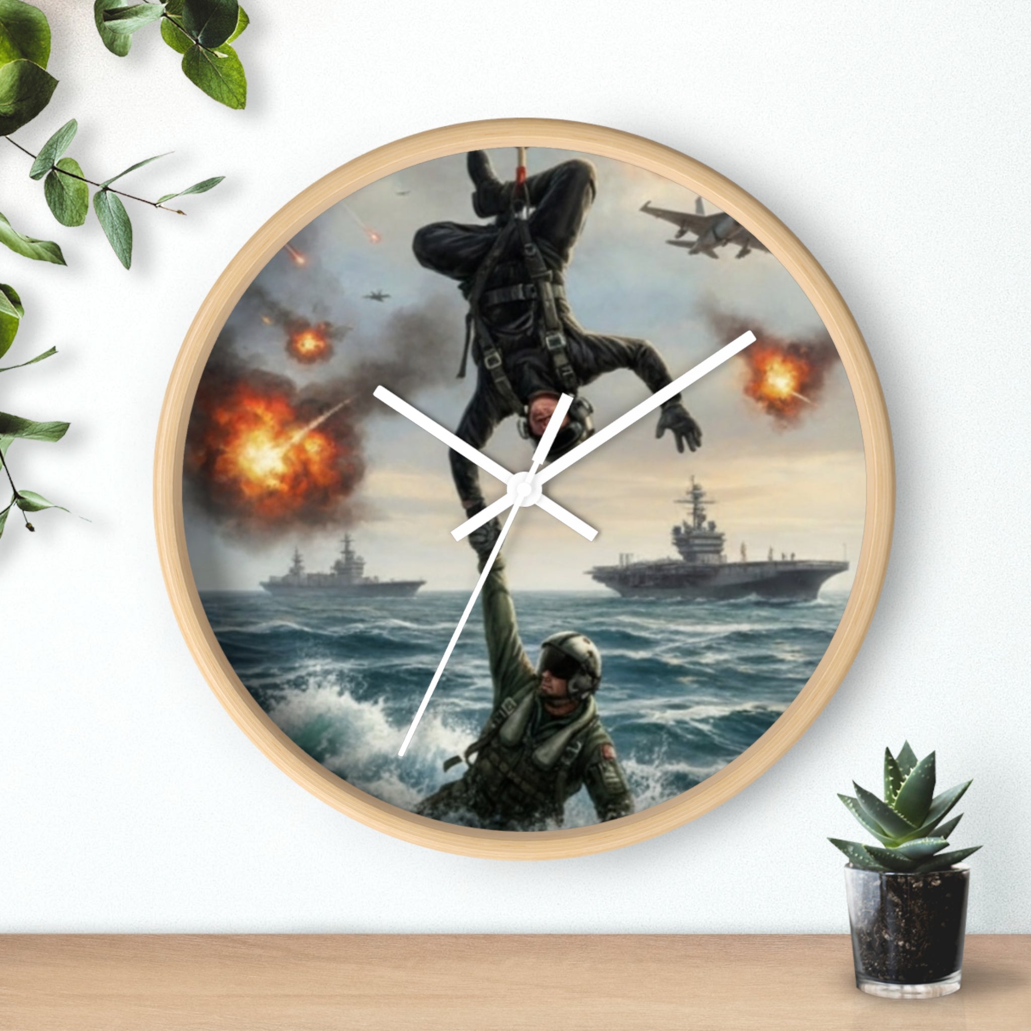 Military Rescue Wall Clock — Navy Helicopter & Sailor Action Scene