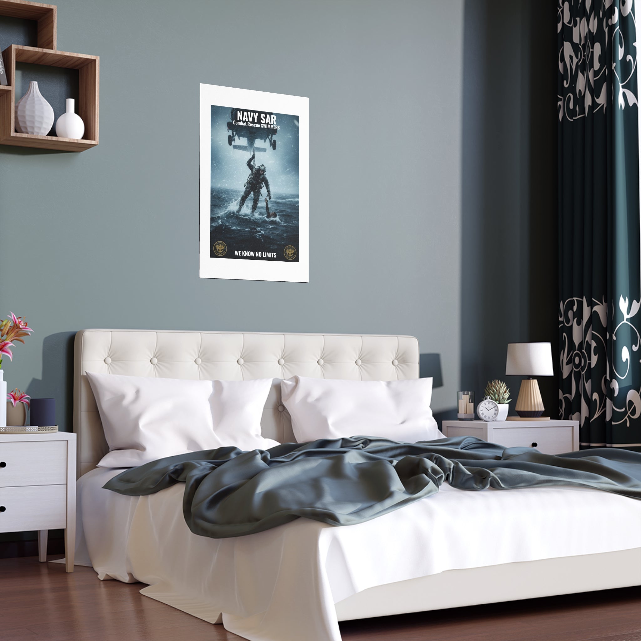 Rescue Diver Silk Poster – Dramatic Sea & Helicopter Wall Art (Indoor/Outdoor)
