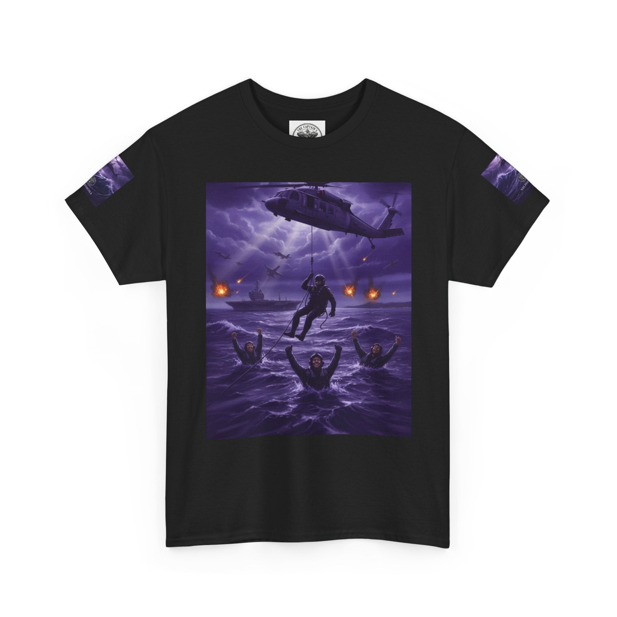 Rescue Night Tee — Purple Helicopter Sea Rescue Graphic T-Shirt