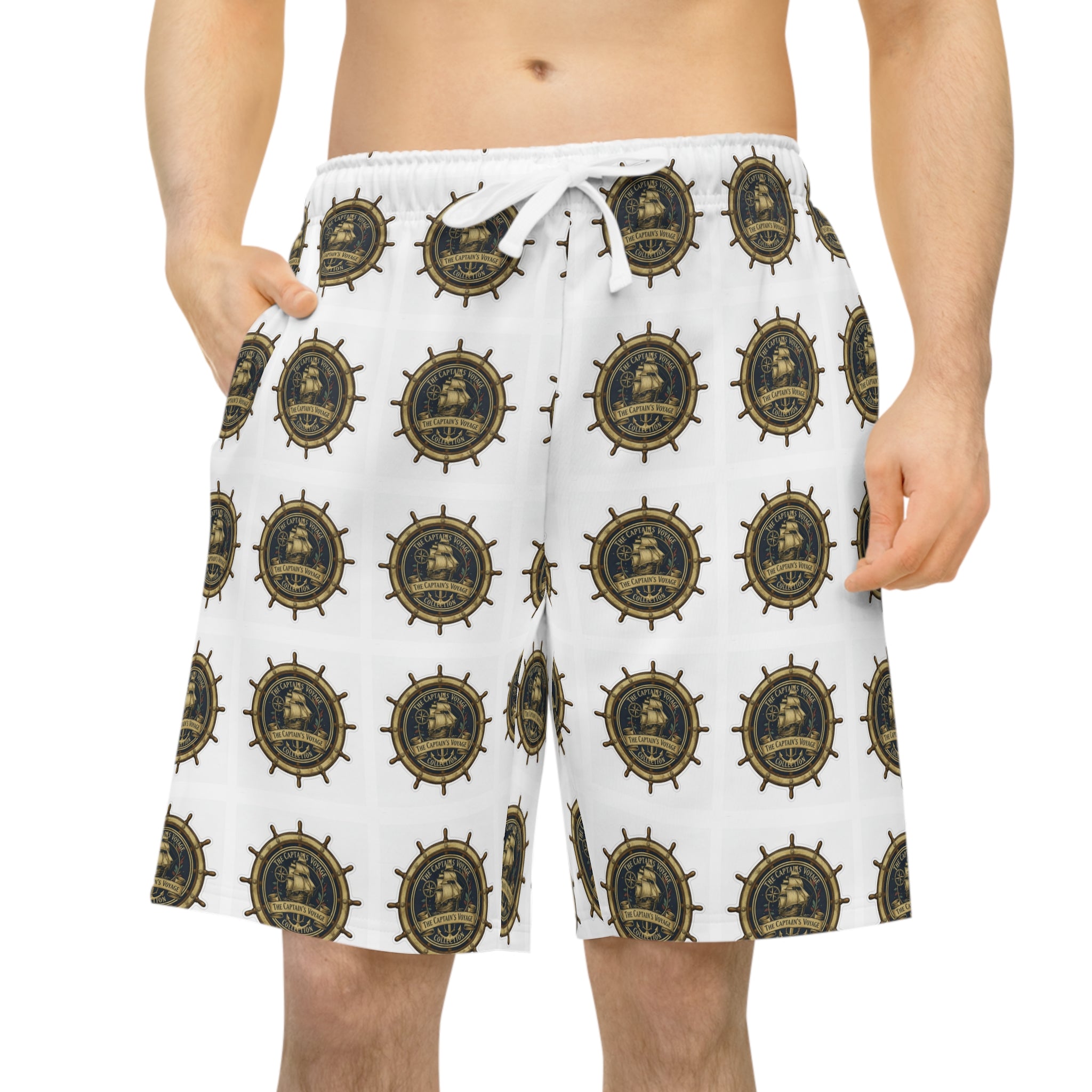 Nautical Captain’s Voyage Athletic Long Shorts — All-Over Ship Wheel Print