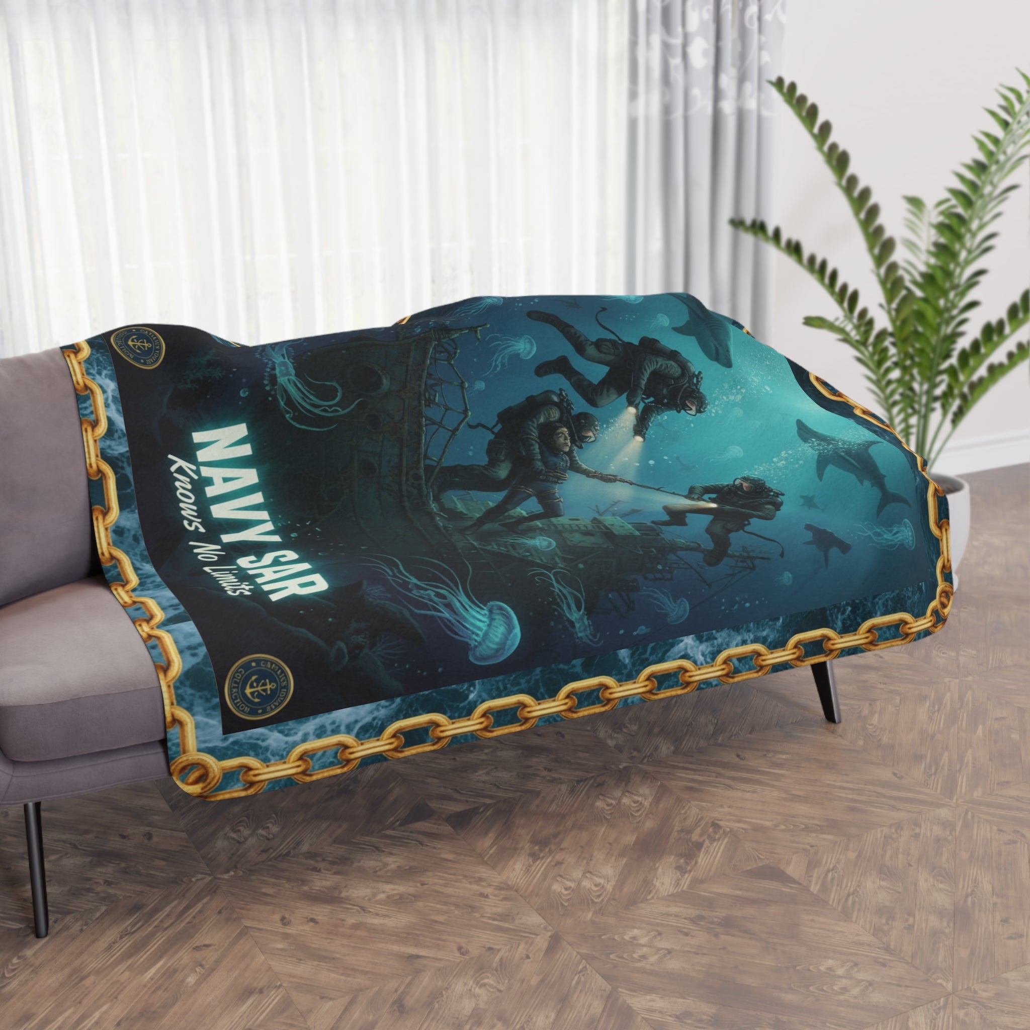 Sherpa Blanket — Vintage Deep Sea Divers Shipwreck Art Throw