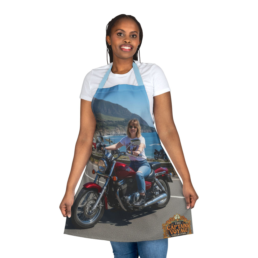 Custom Motorcycle Photo Apron — Personalized Biker Cook Apron with Scenic Ride Print