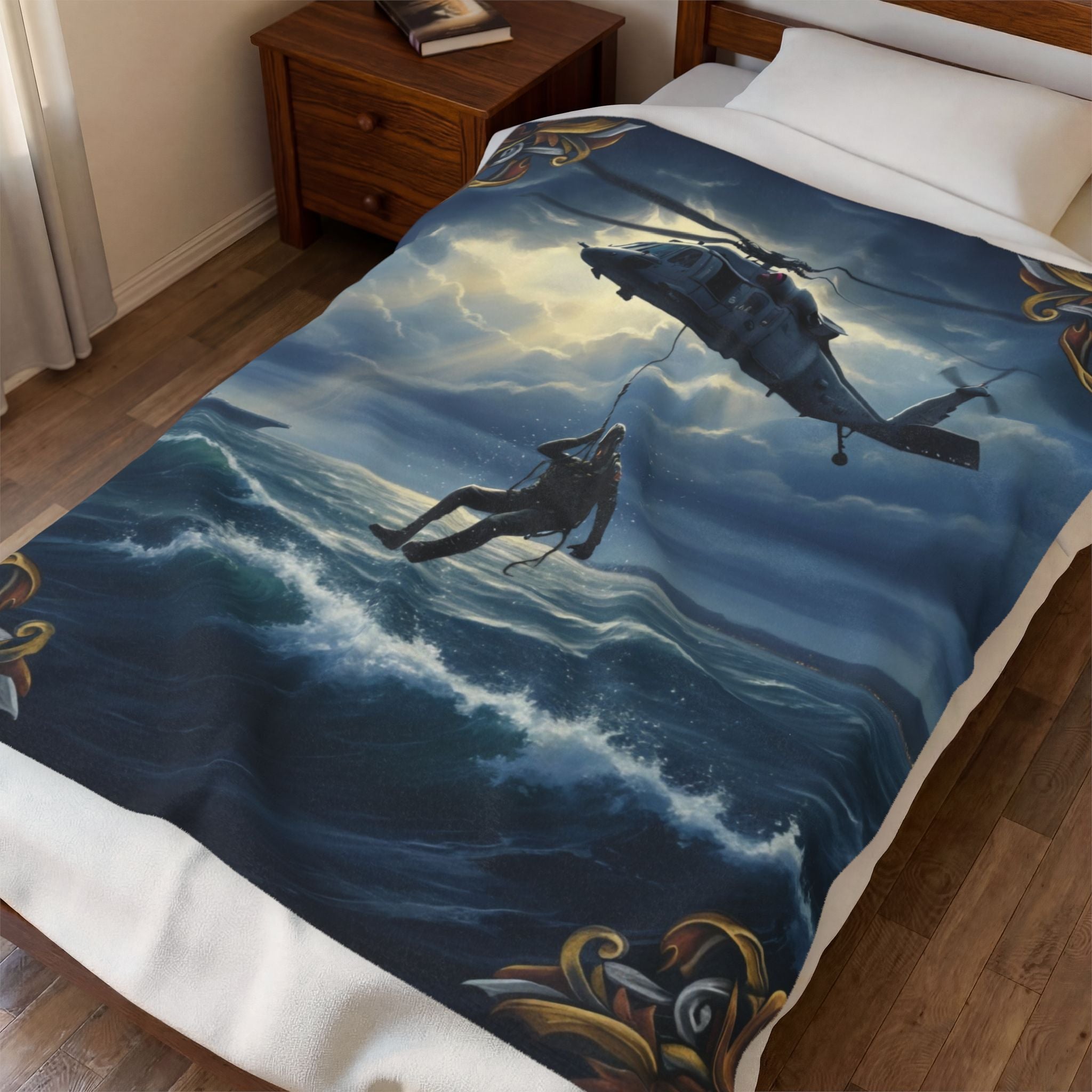 Rescue Helicopter Velveteen Plush Blanket — Maritime SAR Scene