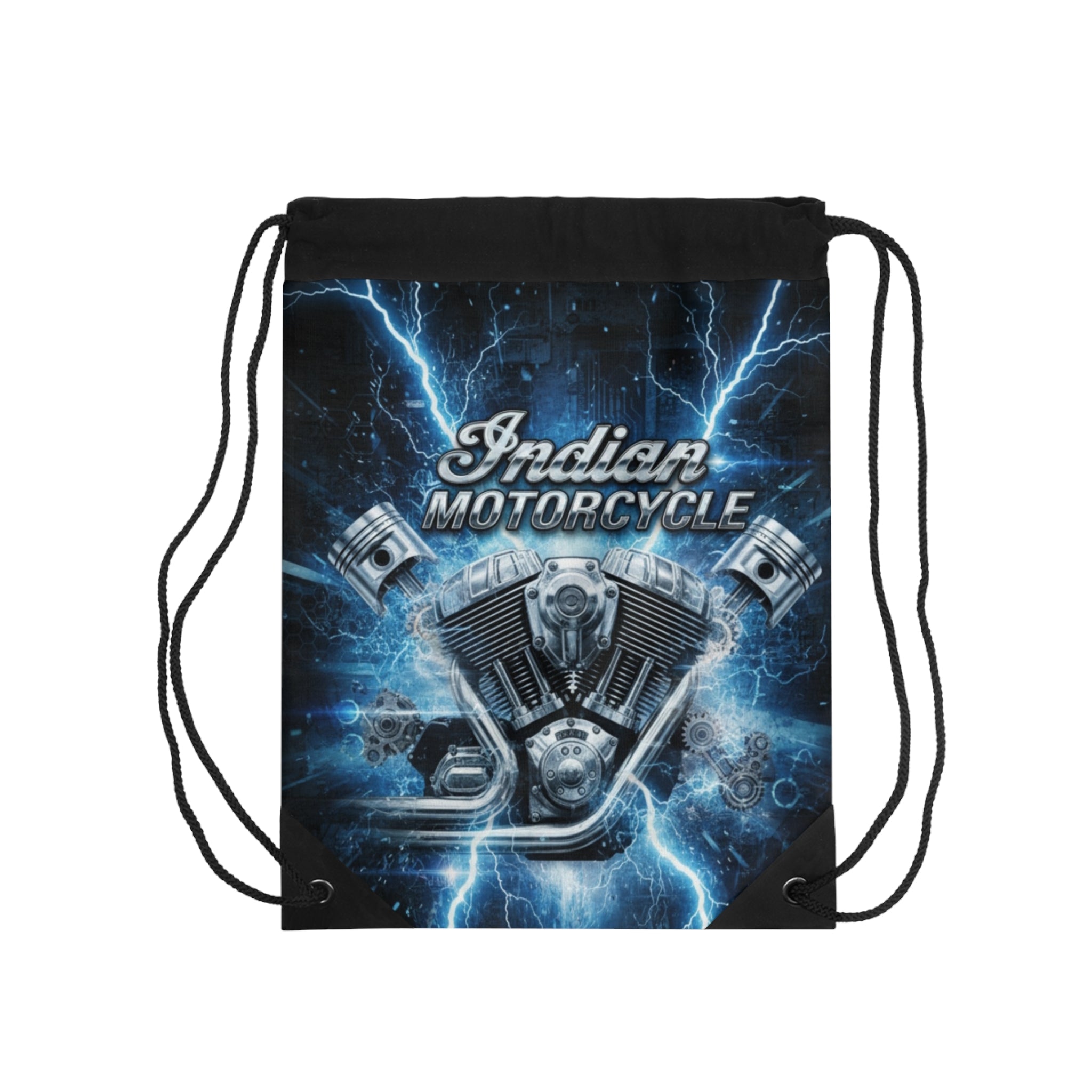 Indian Motorcycle Lightning Drawstring Bag — Vintage V-Twin Engine Gym Sack