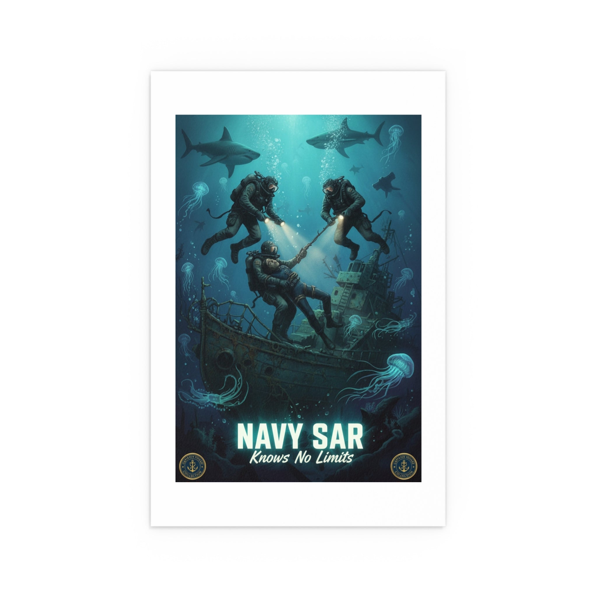 Navy SAR Silk Poster — 'Knows No Limits' Underwater Diver Rescue Art