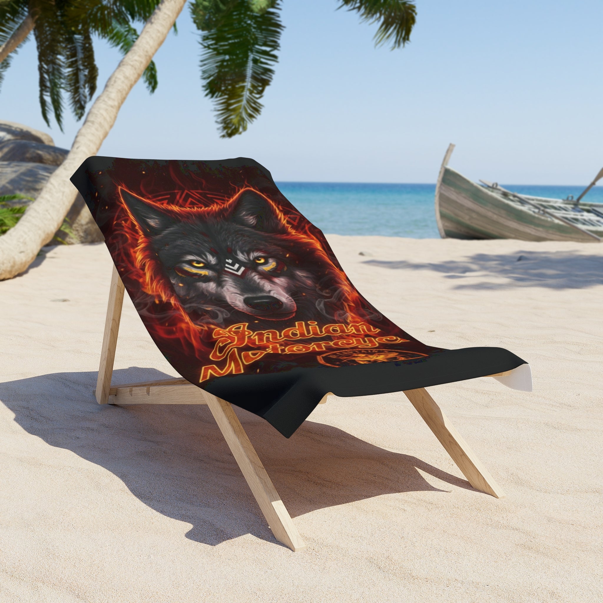 Indian Motorcycle Wolf Beach Towel — Flaming Wolf Graphic Beach Towel for Riders & Bikers