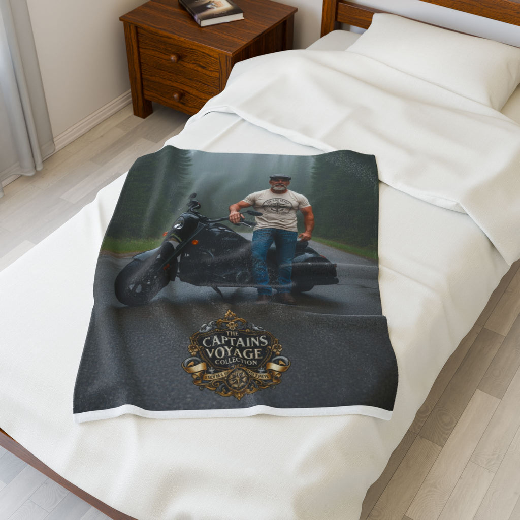 Motorcycle Rider Velveteen Plush Blanket – "The Captain's Voyage" Logo