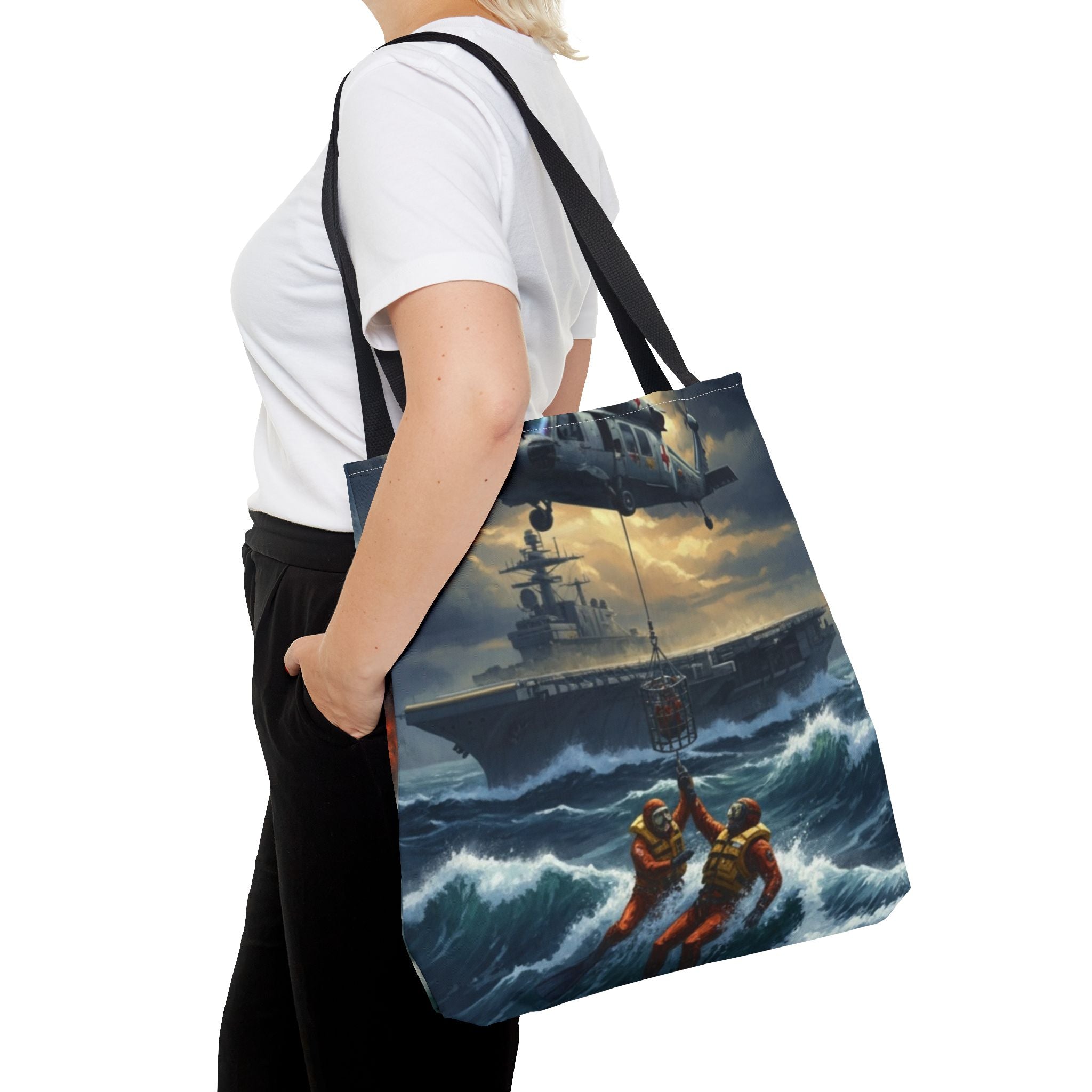 Rescue Squadron Tote Bag – Military Helicopter & Ship Search and Rescue Artwork
