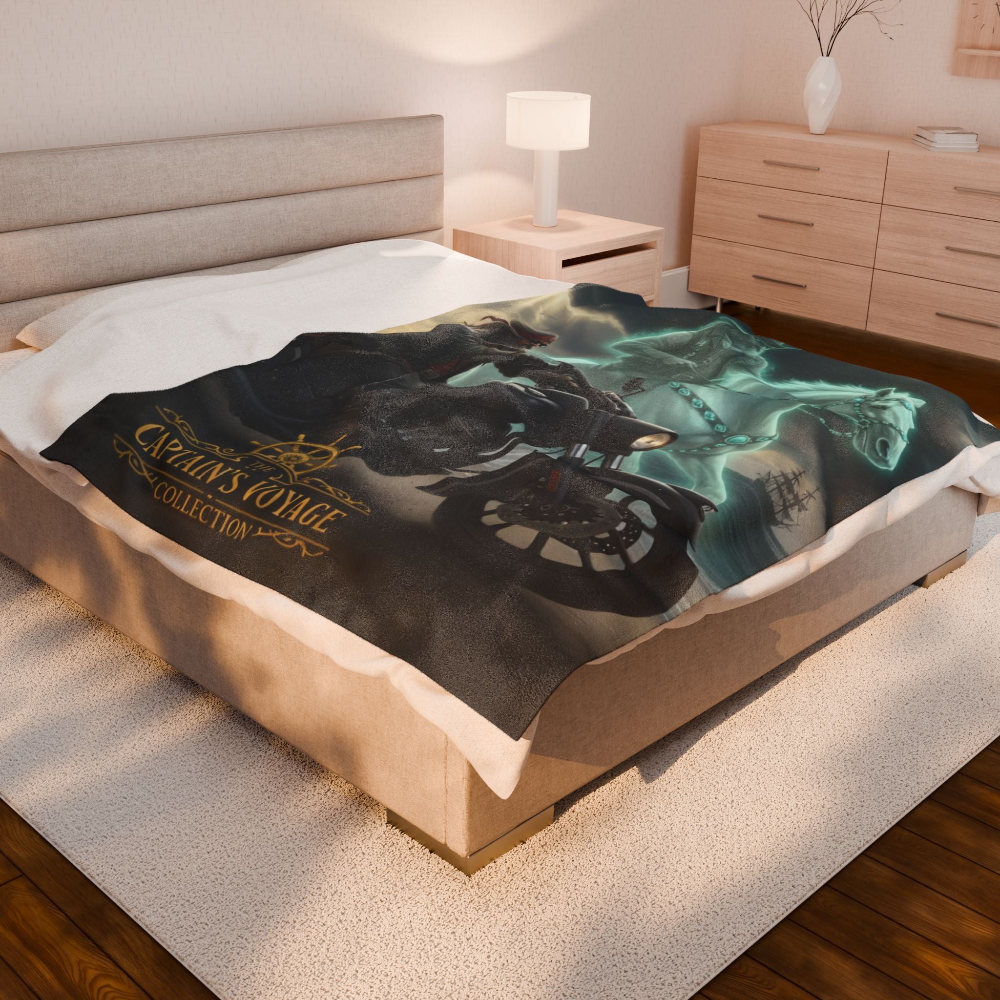 Captain's Voyage Velveteen Plush Blanket — Ghost Pirate Motorcycle Design