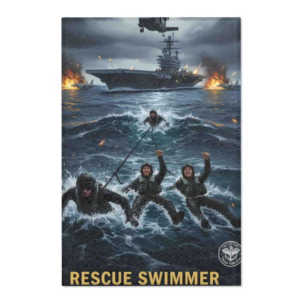 Rescue Swimmer Area Rug — Military Navy Helicopter & Ship Ocean Scene