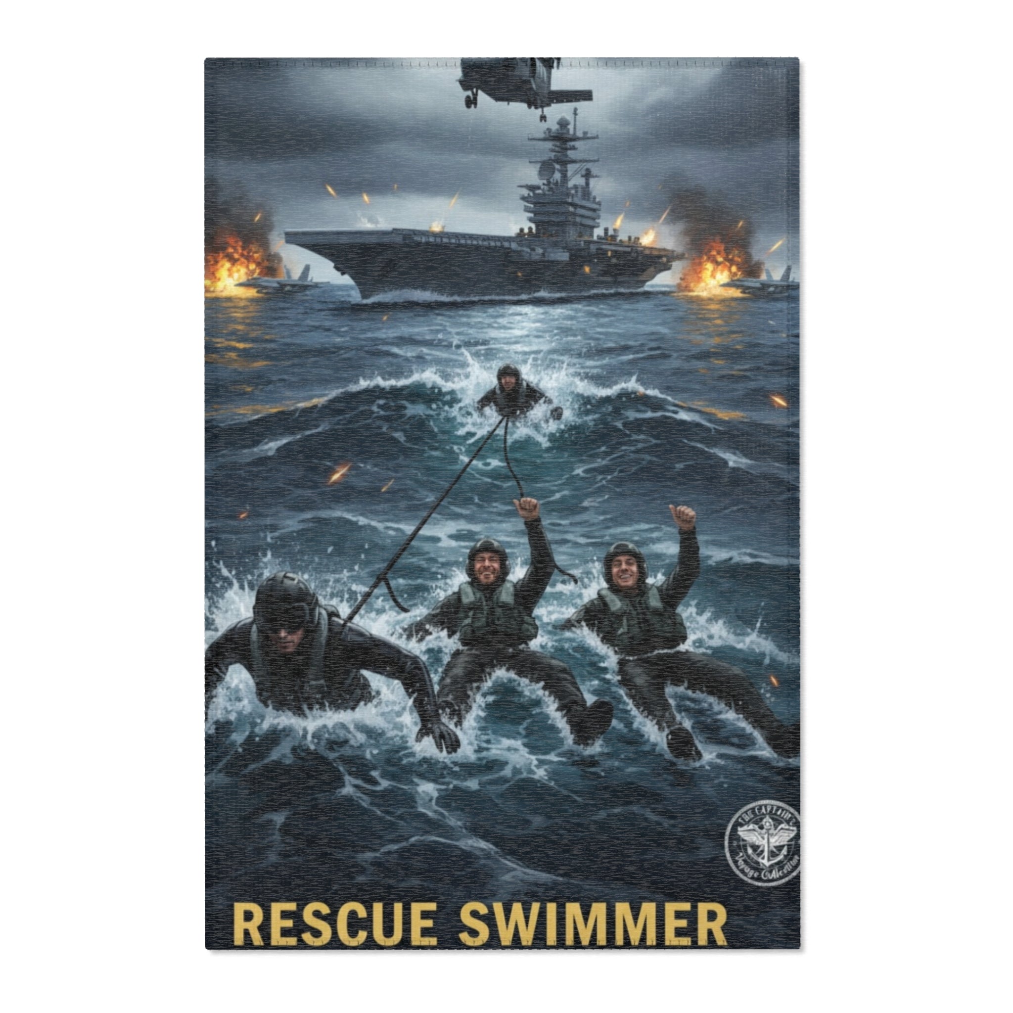 Rescue Swimmer Area Rug — Military Navy Helicopter & Ship Ocean Scene
