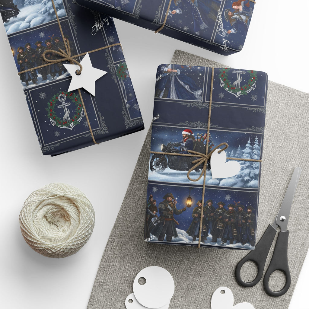 Wrapping Paper - Festive Navy Holiday Scene Gift Wrap (Snow, Sleigh, Night Sky)