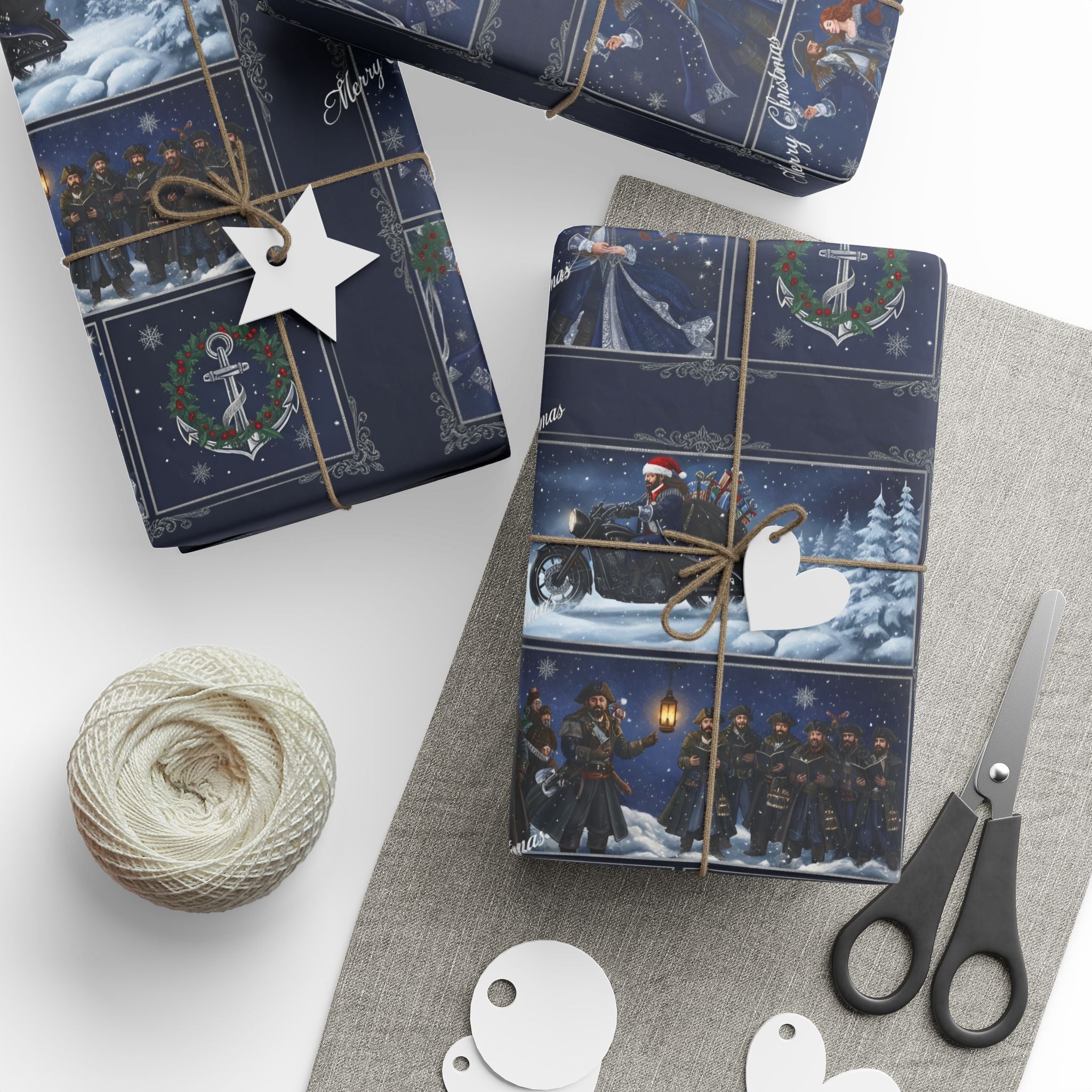 Wrapping Paper - Festive Navy Holiday Scene Gift Wrap (Snow, Sleigh, Night Sky)