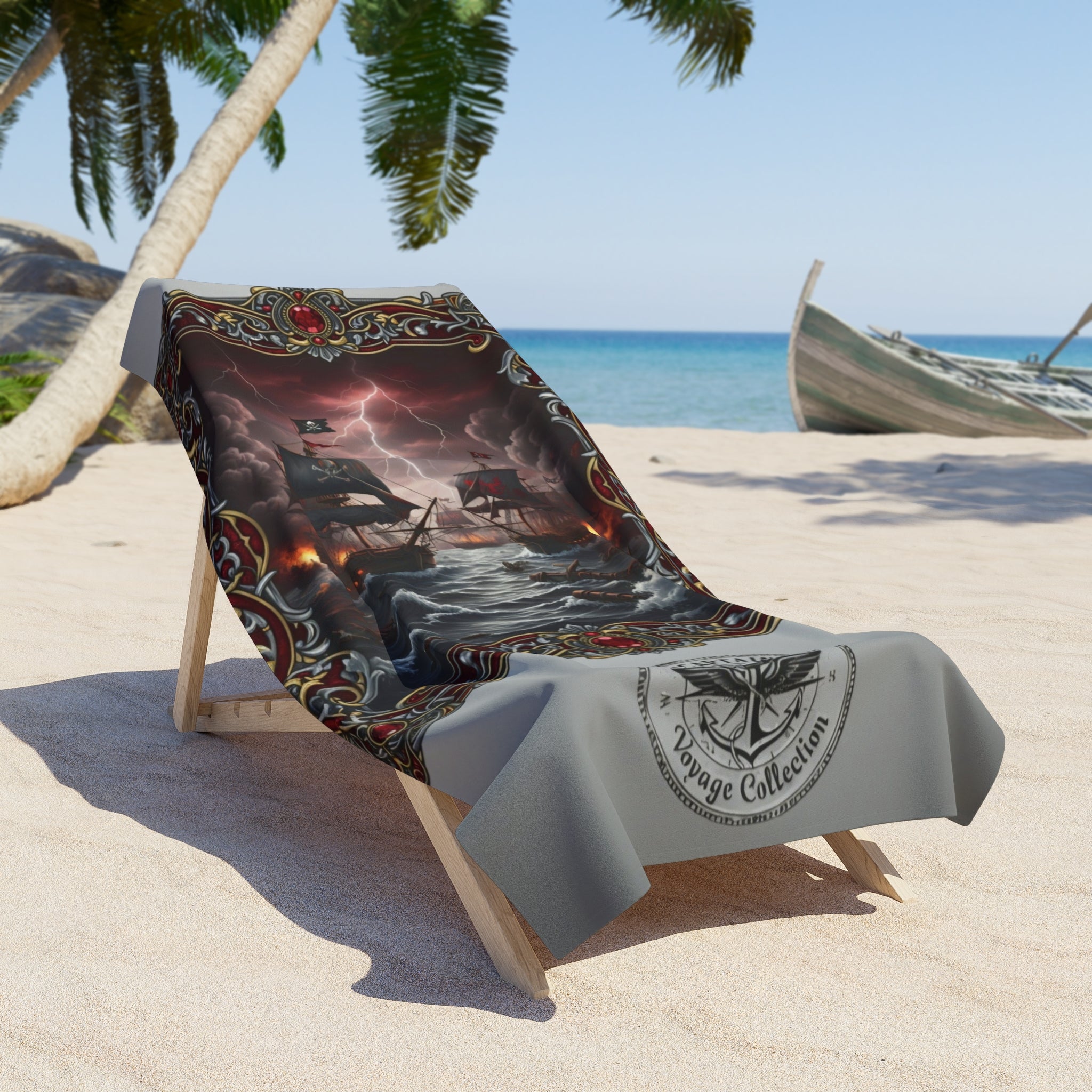 Pirate Ship Storm Beach Towel — Nautical Gothic Ocean Scene