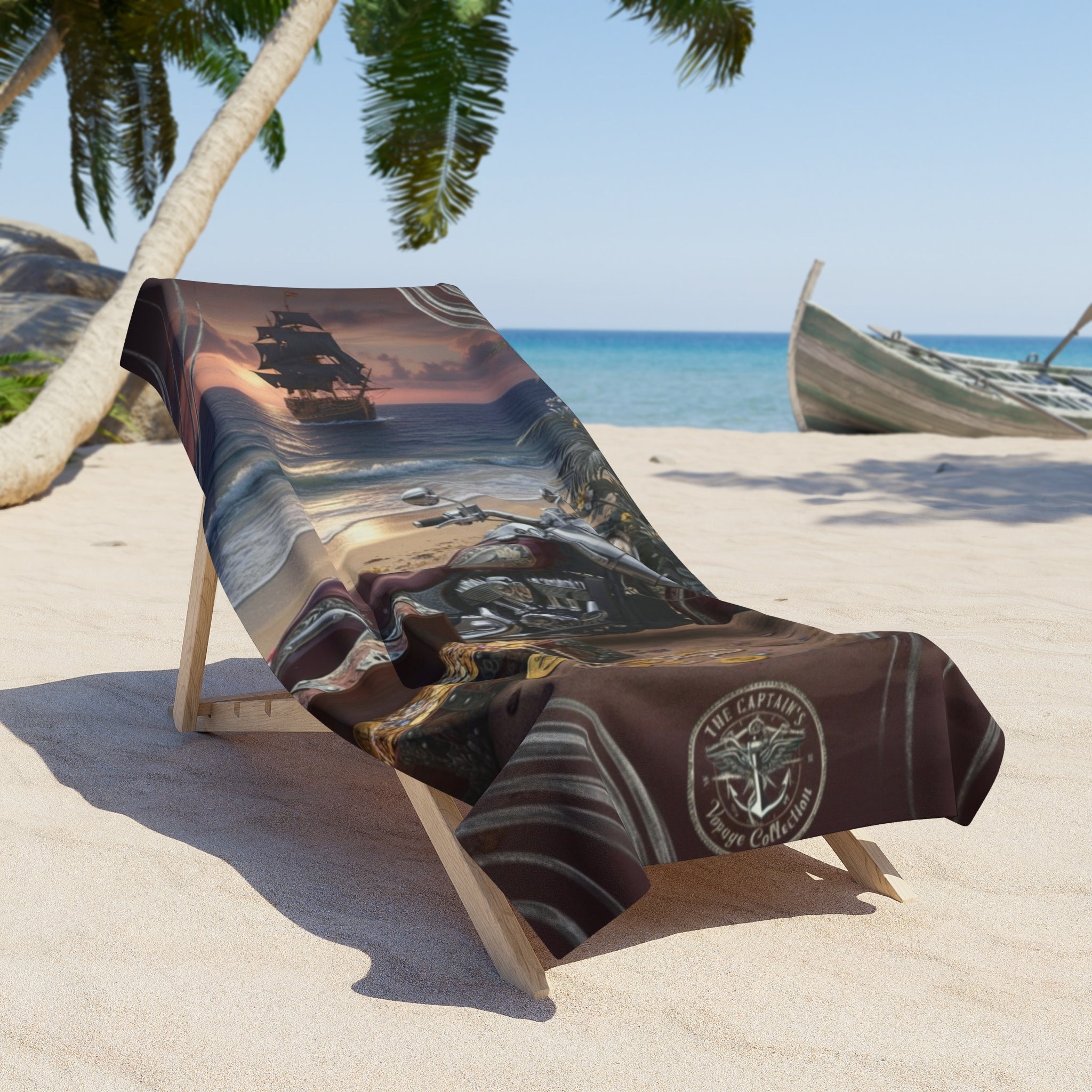 Pirate Treasure Beach Towel — Vintage Ship, Gold Coins & Compass Design