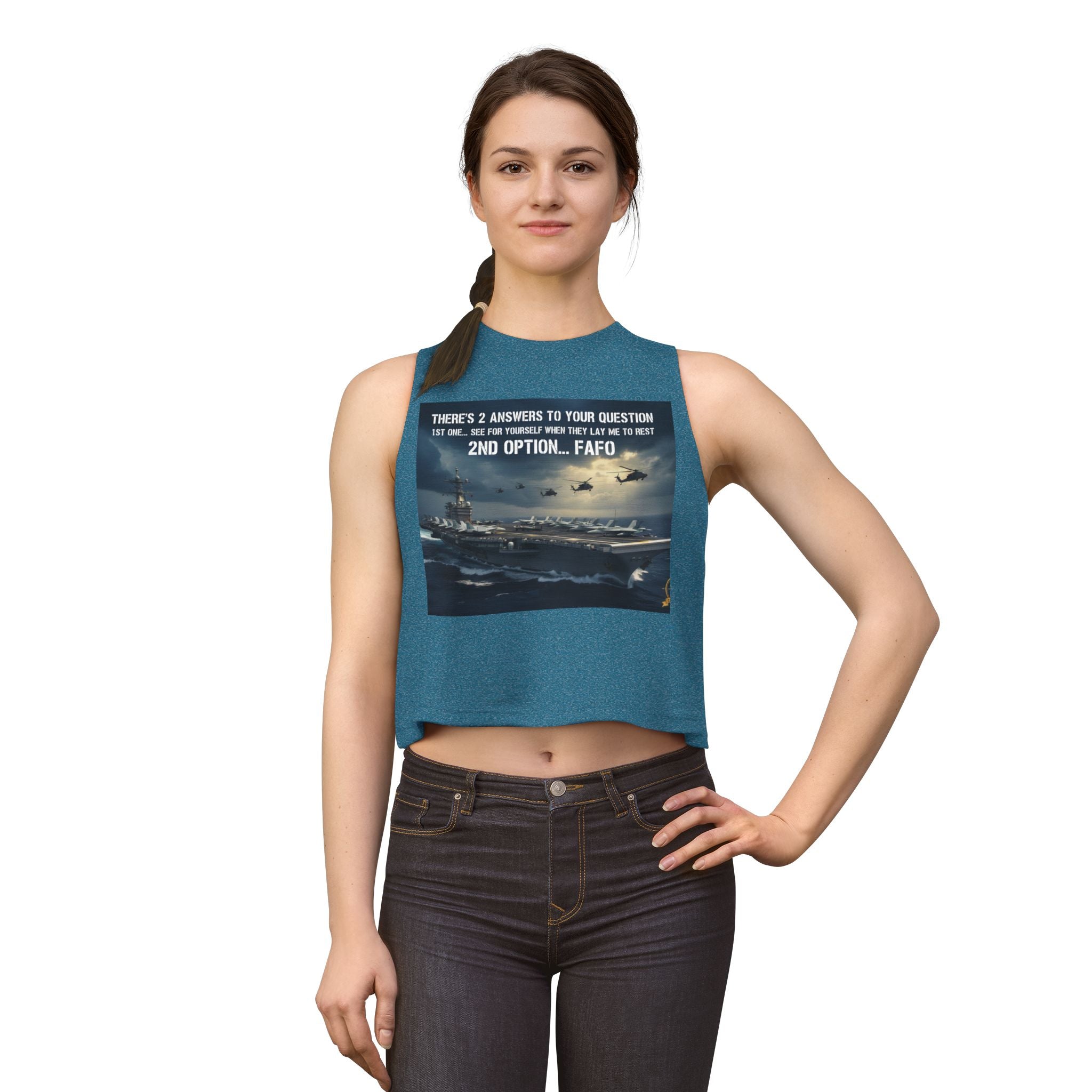 Women’s Crop Top – Military Aircraft Carrier Graphic with “2nd Option…F A F O” Text
