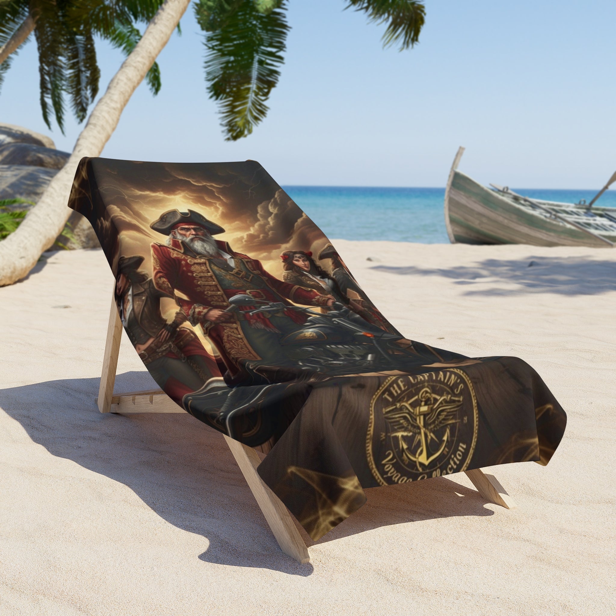 Pirate Crew Motorcycle Beach Towel — Vintage Nautical Captain Artwork
