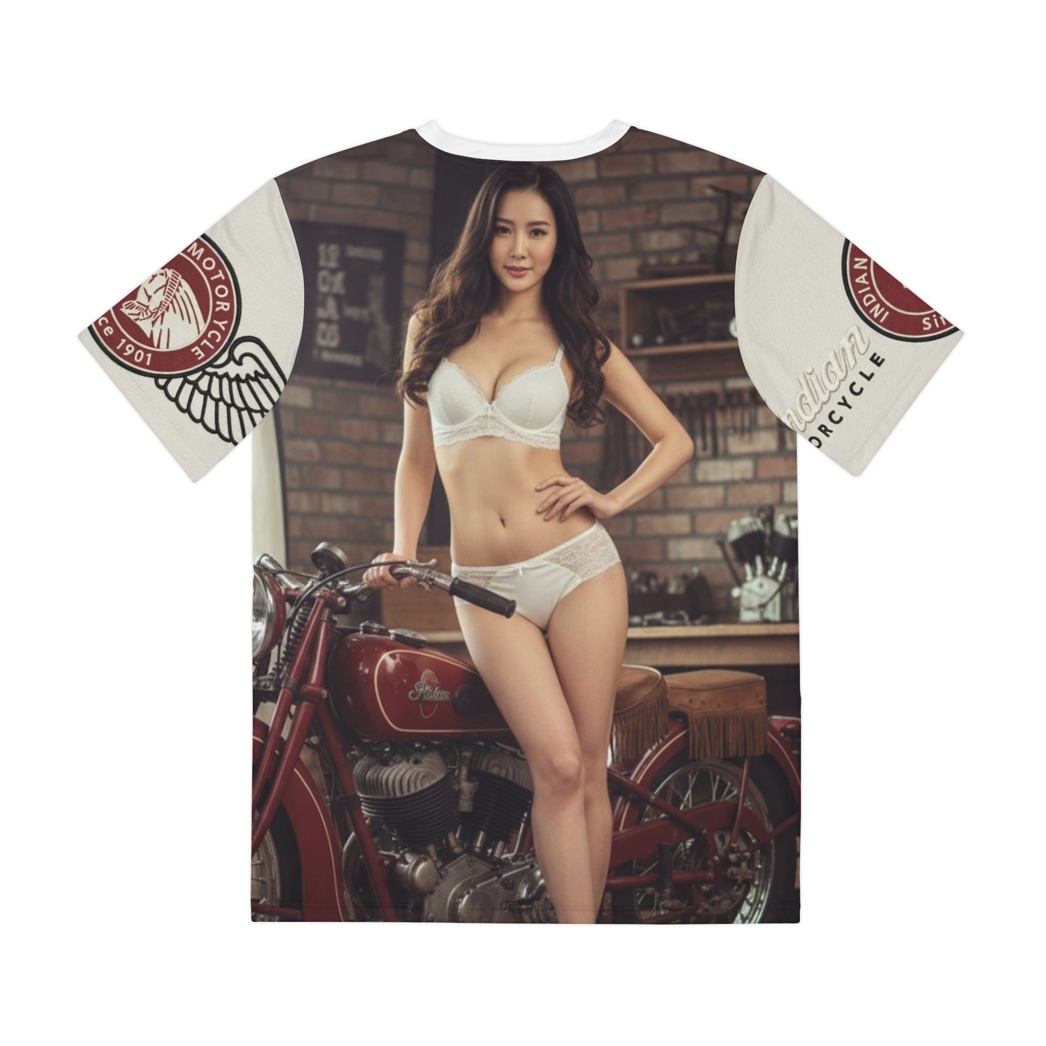 Pinup Motorcycle Tee — Vintage Biker Girl All-Over Print