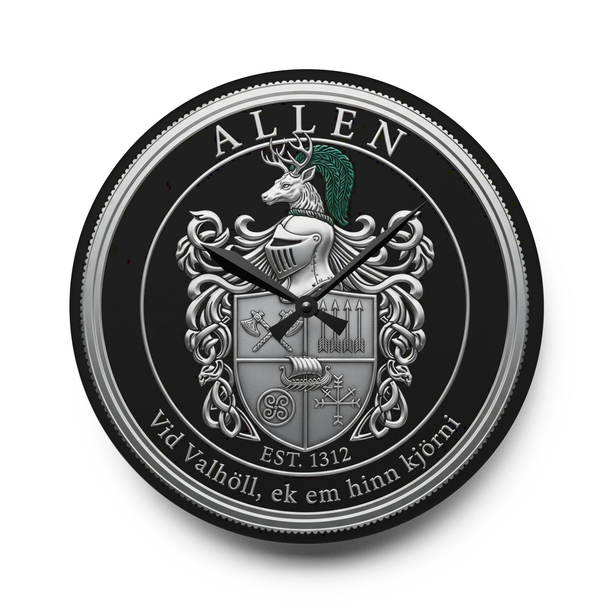 Allen Family Crest Acrylic Wall Clock — Personalized Celtic Coat of Arms Decor