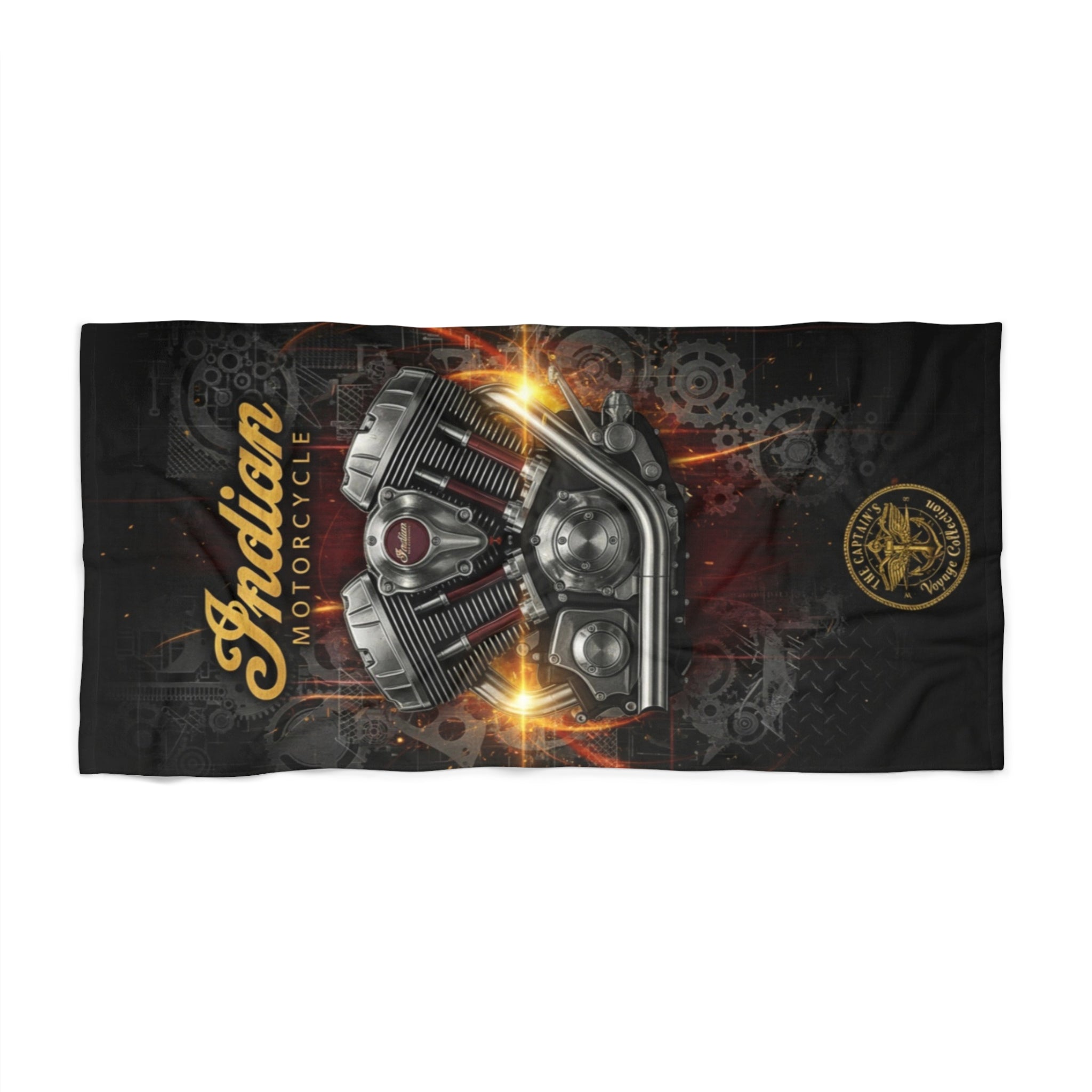Indian Motorcycle Engine Beach Towel — Vintage Biker Beach Towel with Flaming V-Twin Design
