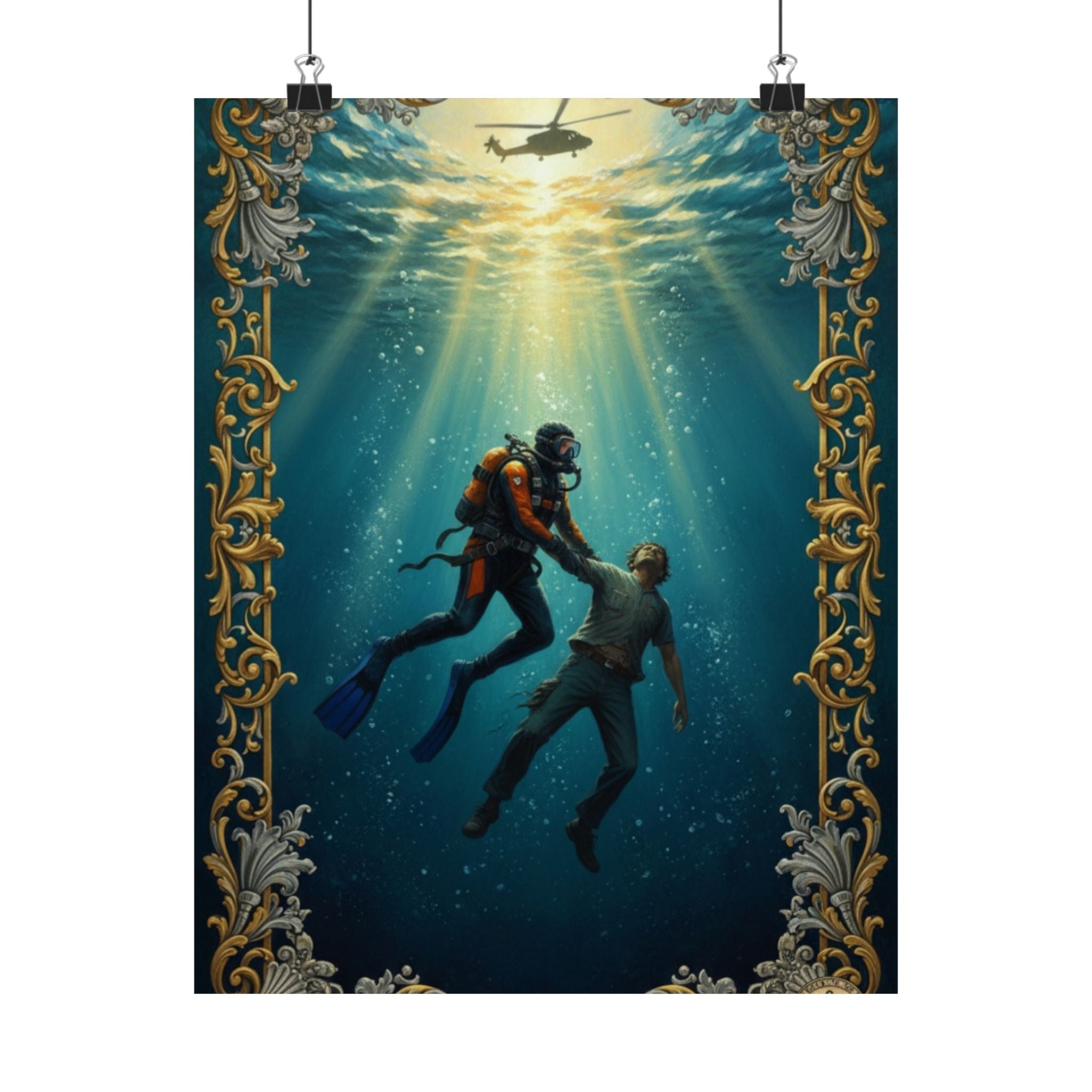 Underwater Rescue Poster — Diver & Child Matte Vertical Art Print