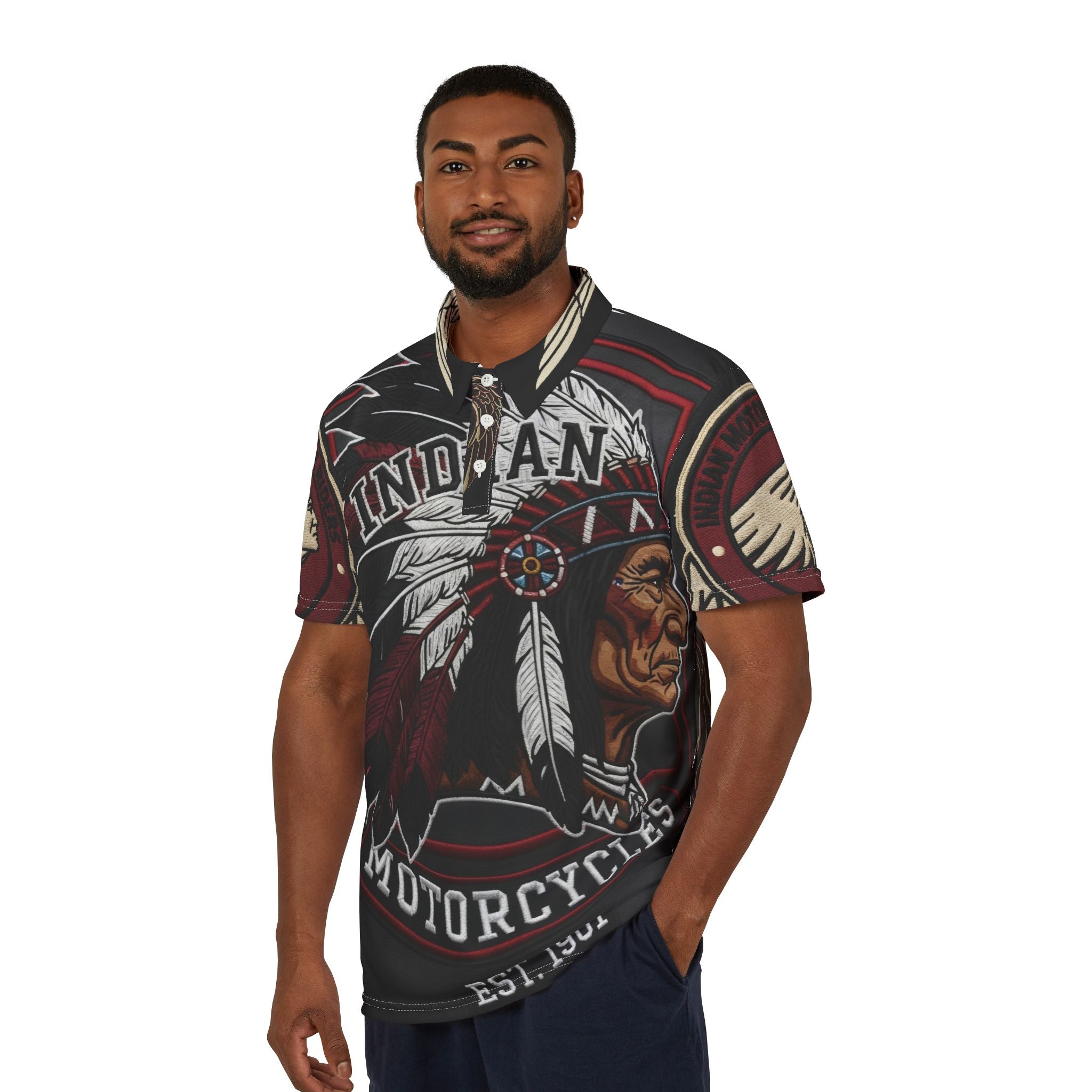 Indian Motorcycles Graphic Polo Shirt — Vintage Native Chief Motorcycle Design
