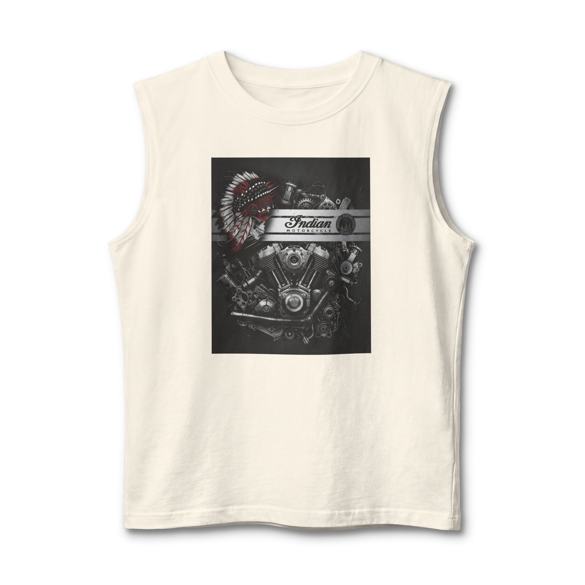 Indian Motorcycle Engine Graphic Muscle Tank — Vintage Chief Headdress Moto Tank Top