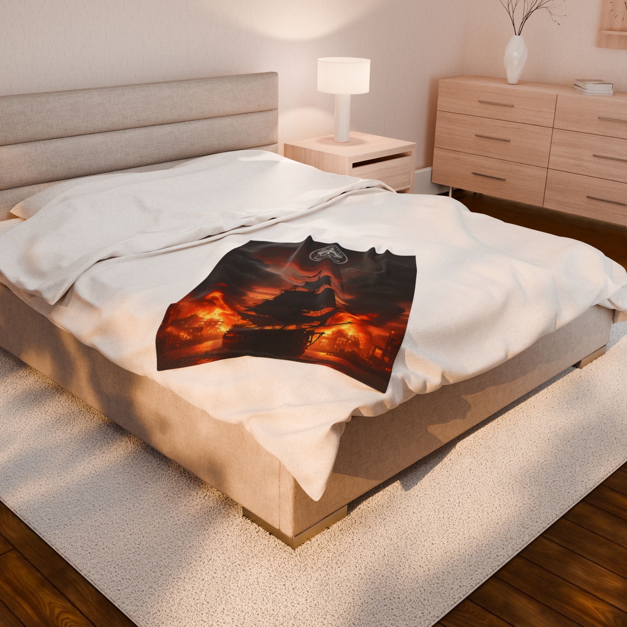 Pirate Ship on Fire Velveteen Plush Blanket — Dramatic Nautical Throw for Cozy Nights