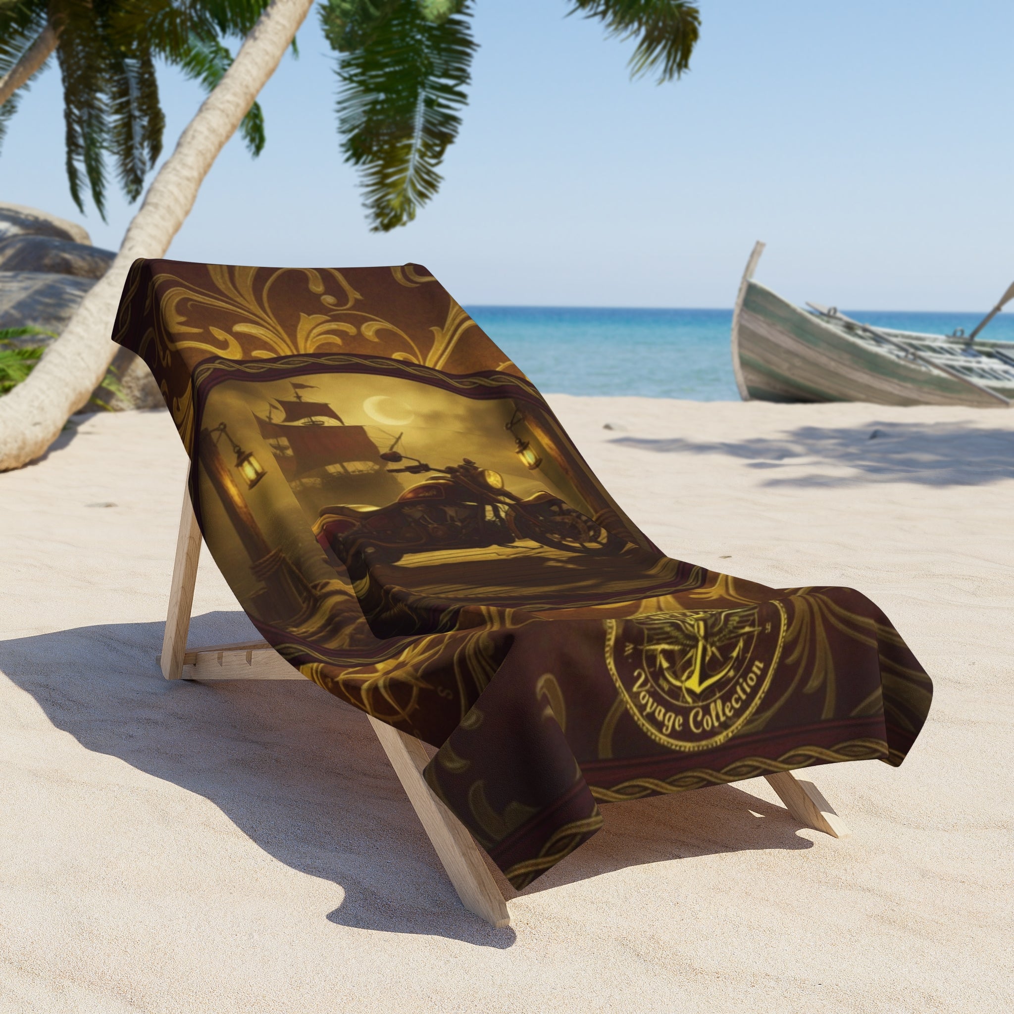 Vintage Pirate Ship Beach Towel — Nautical Compass & Treasure Map Design