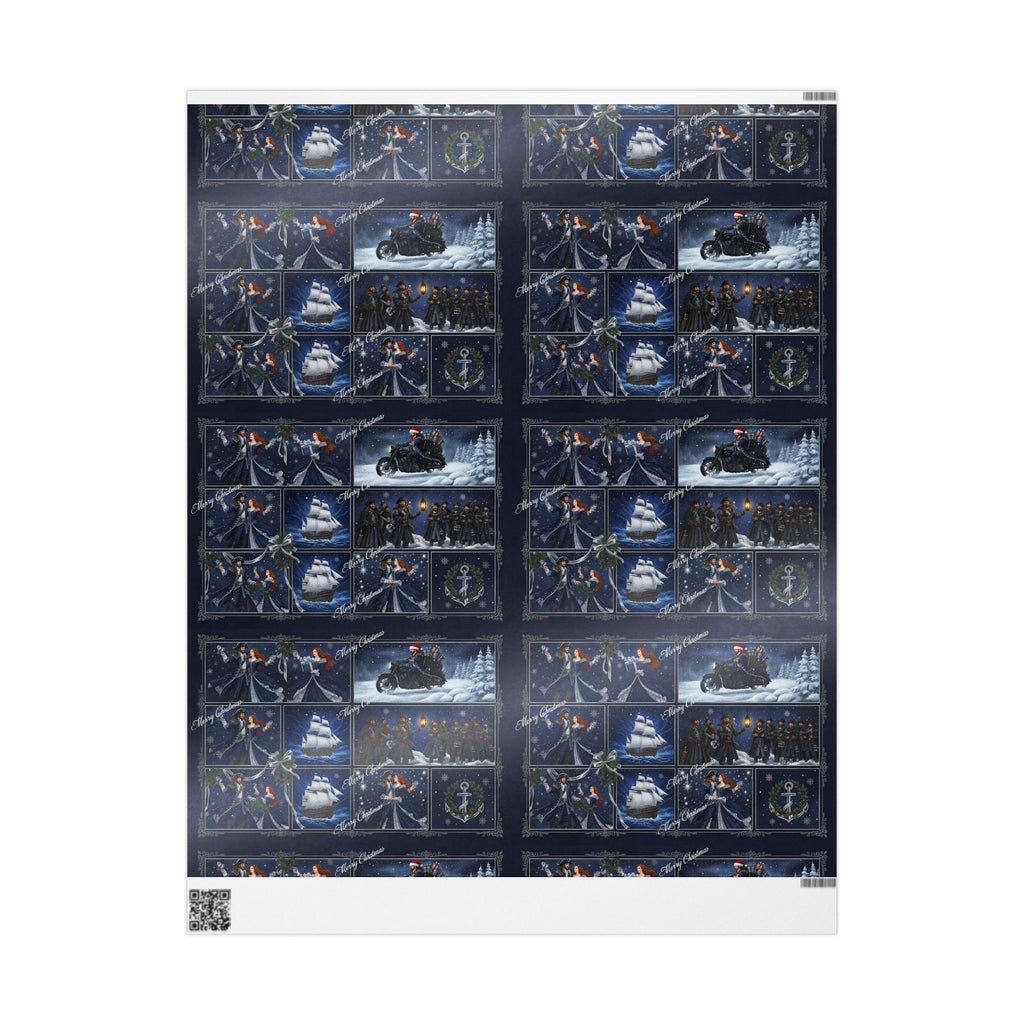 Wrapping Paper - Festive Navy Holiday Scene Gift Wrap (Snow, Sleigh, Night Sky)