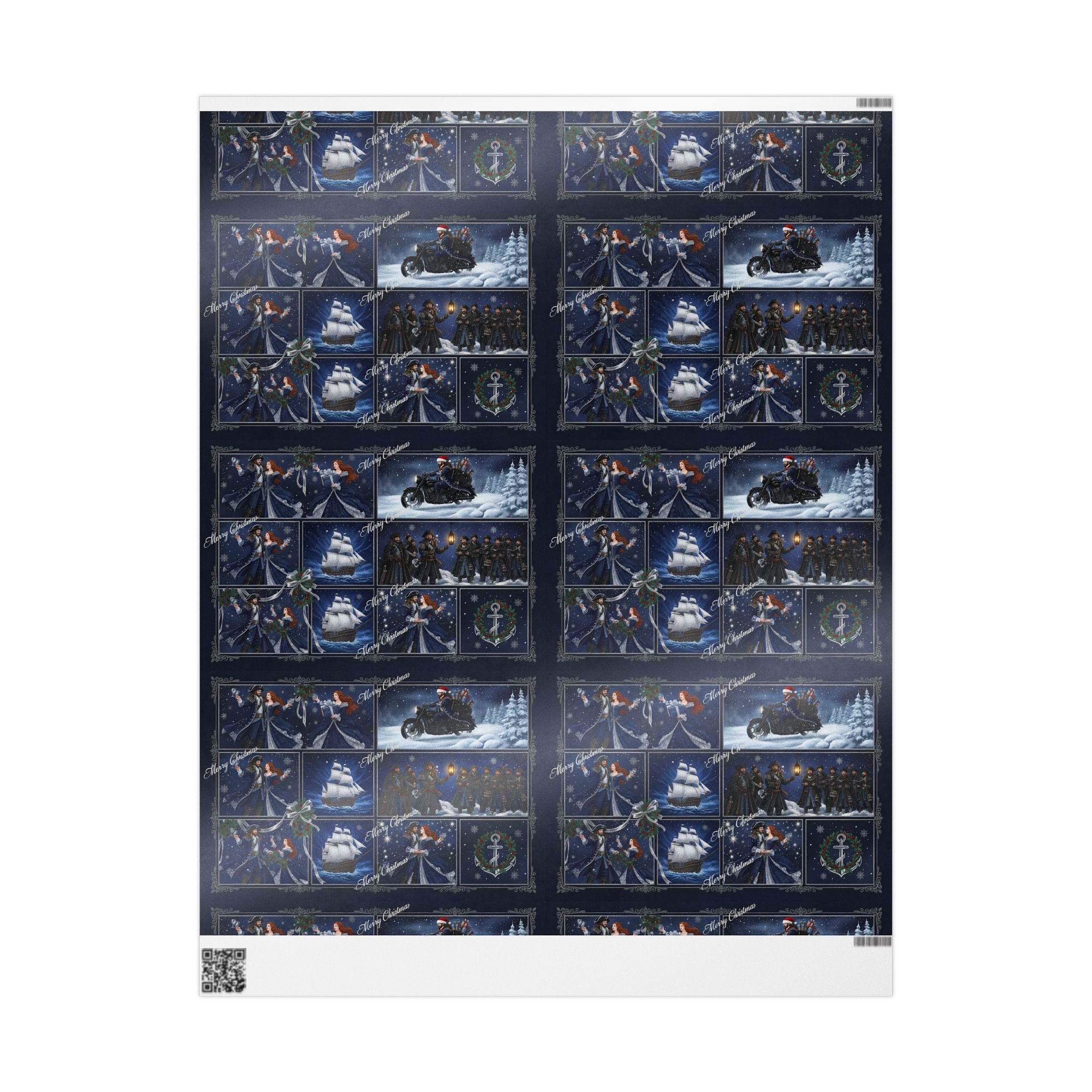 Wrapping Paper - Festive Navy Holiday Scene Gift Wrap (Snow, Sleigh, Night Sky)