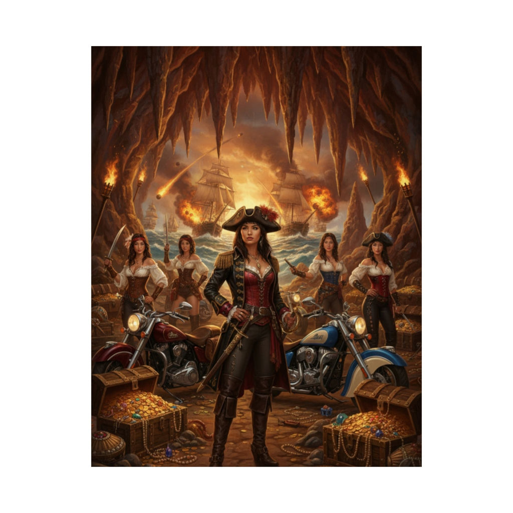 Pirate Queen Matte Poster — Fantasy Biker Treasure Cave Wall Art