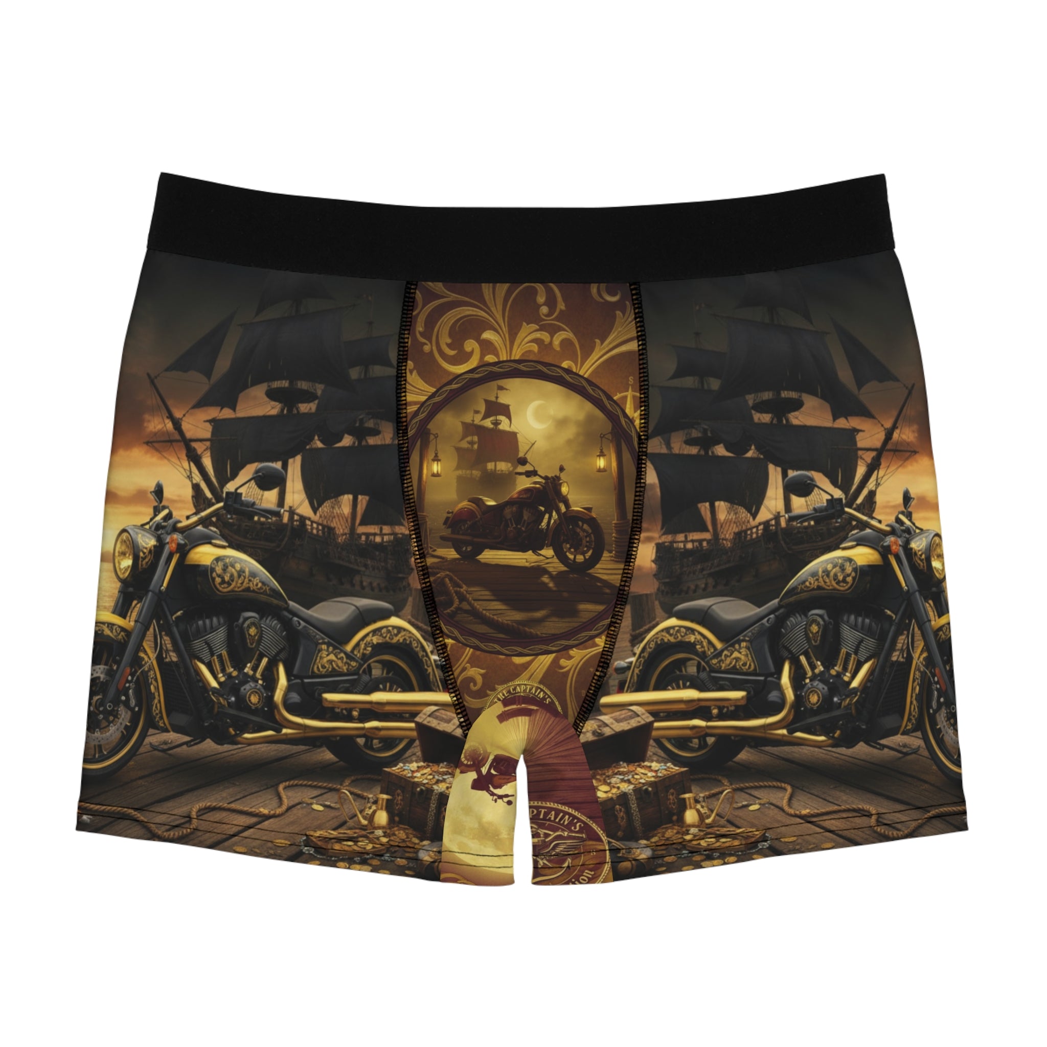 Biker Pirate Boxer Briefs — Motorcycle & Treasure Ship All-Over Print