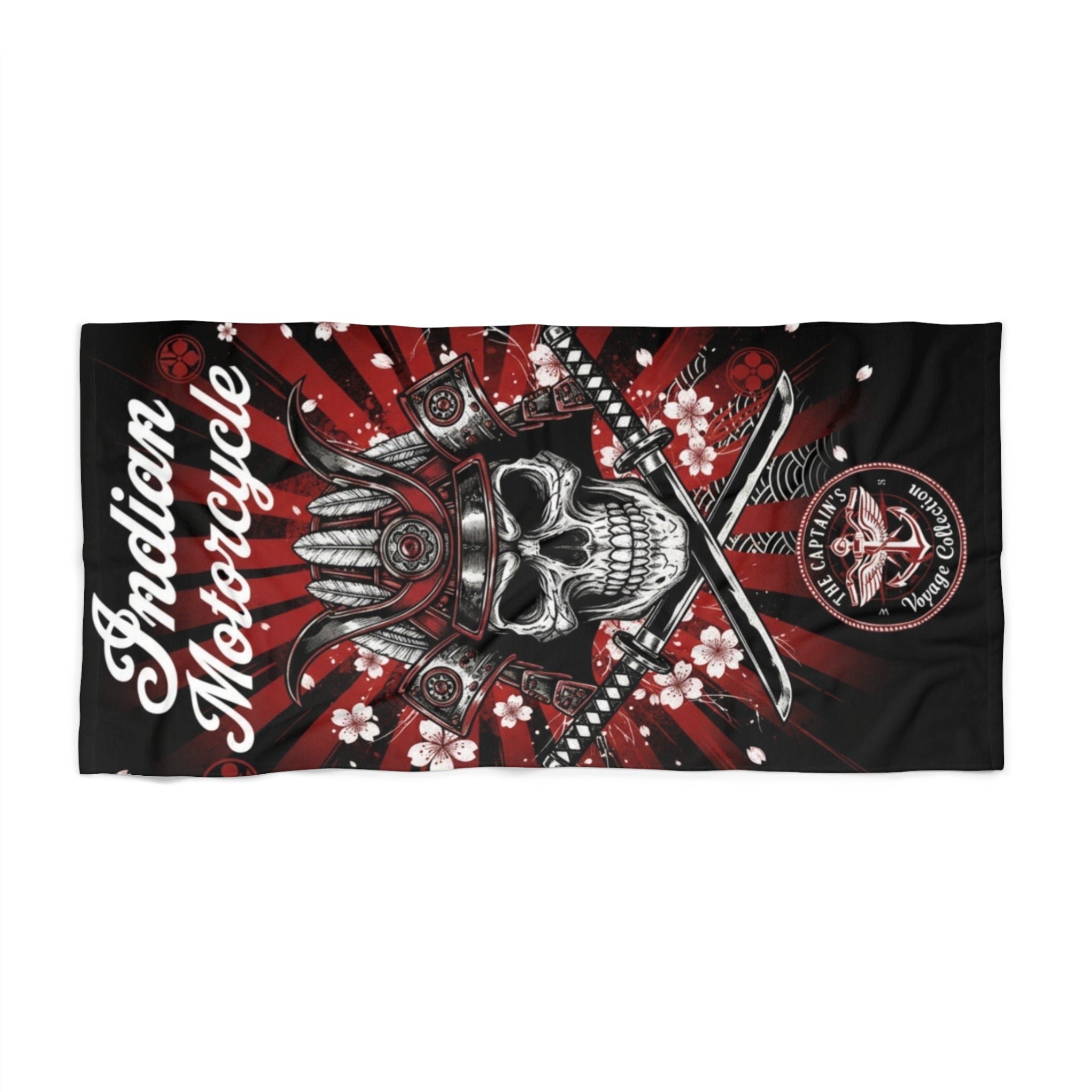 Indian Motorcycle Skull Beach Towel – Red Samurai Helmet Biker Design