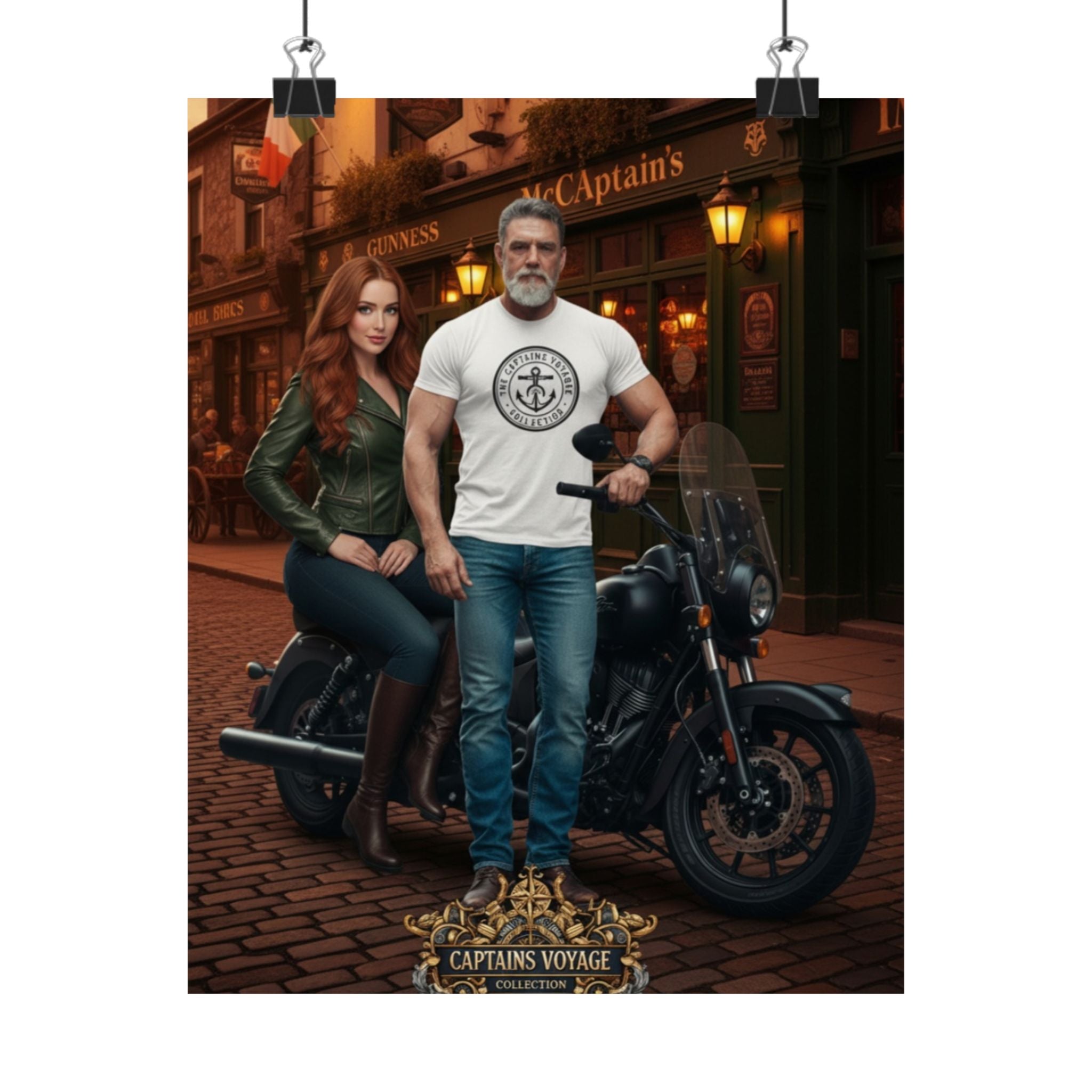 Matte Motorcycle Poster — "Captain's Voyage" Vintage Biker Couple Wall Art