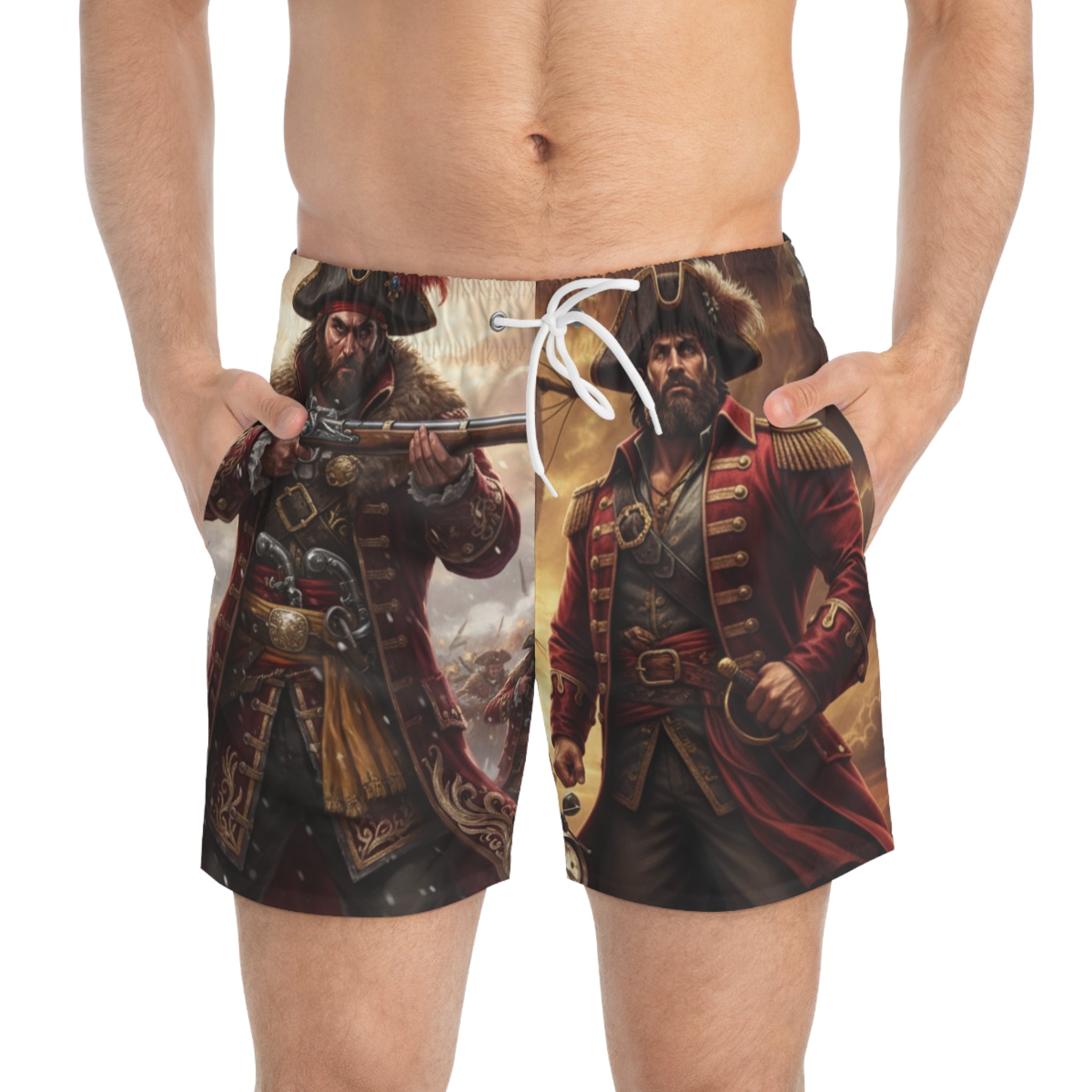 Pirate Captain All-Over Print Swim Trunks — Vintage Buccaneer Beach Shorts
