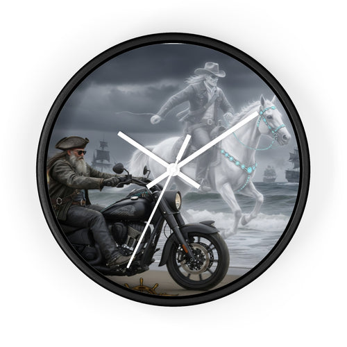 Biker & Ghost Horse Wall Clock — Haunted Seaside Motorcycle Decor