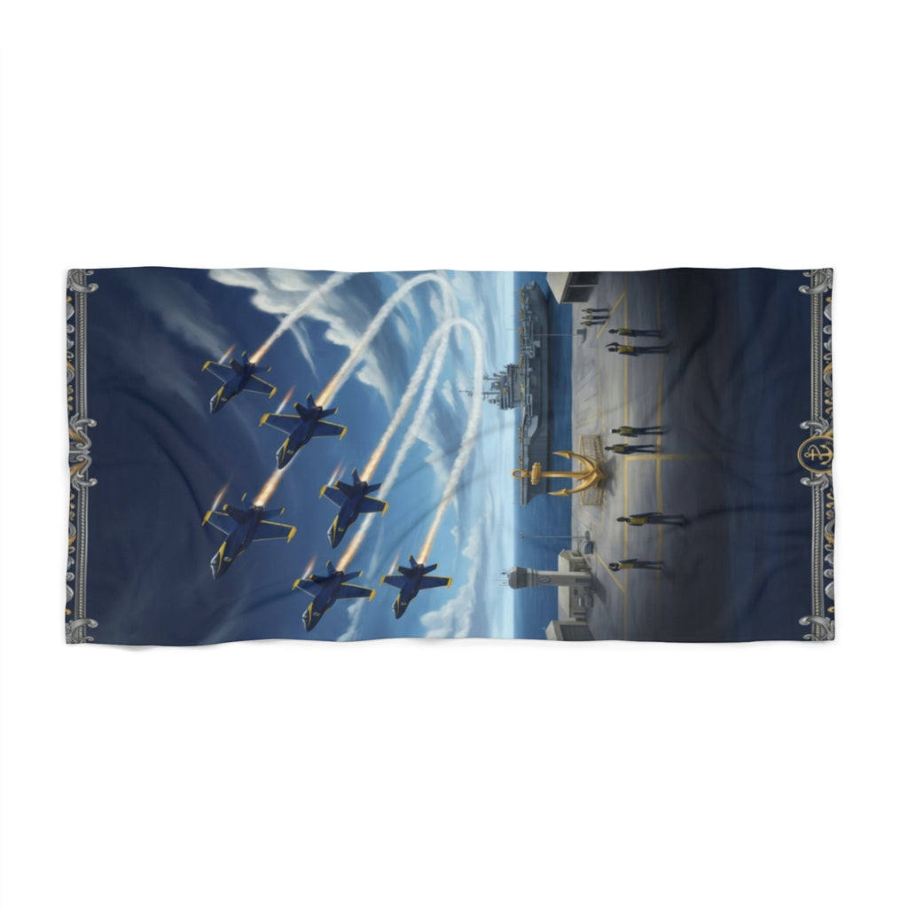 Navy Blue Angels Beach Towel — Vintage Airshow Scene with Fleet Jet Formation