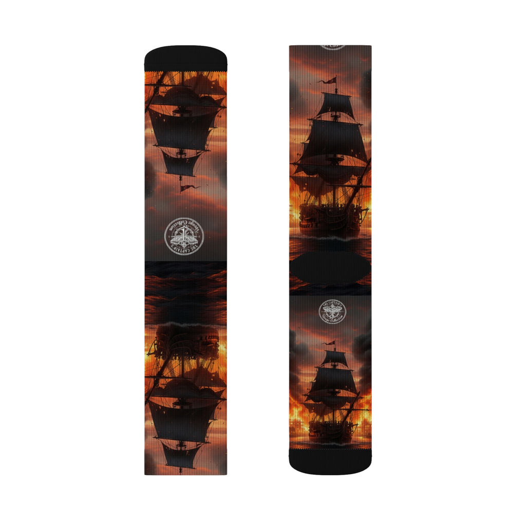 Pirate Ship Sunset Socks — Nautical Sailing Crew Socks with Dramatic Sunset Ship Silhouette