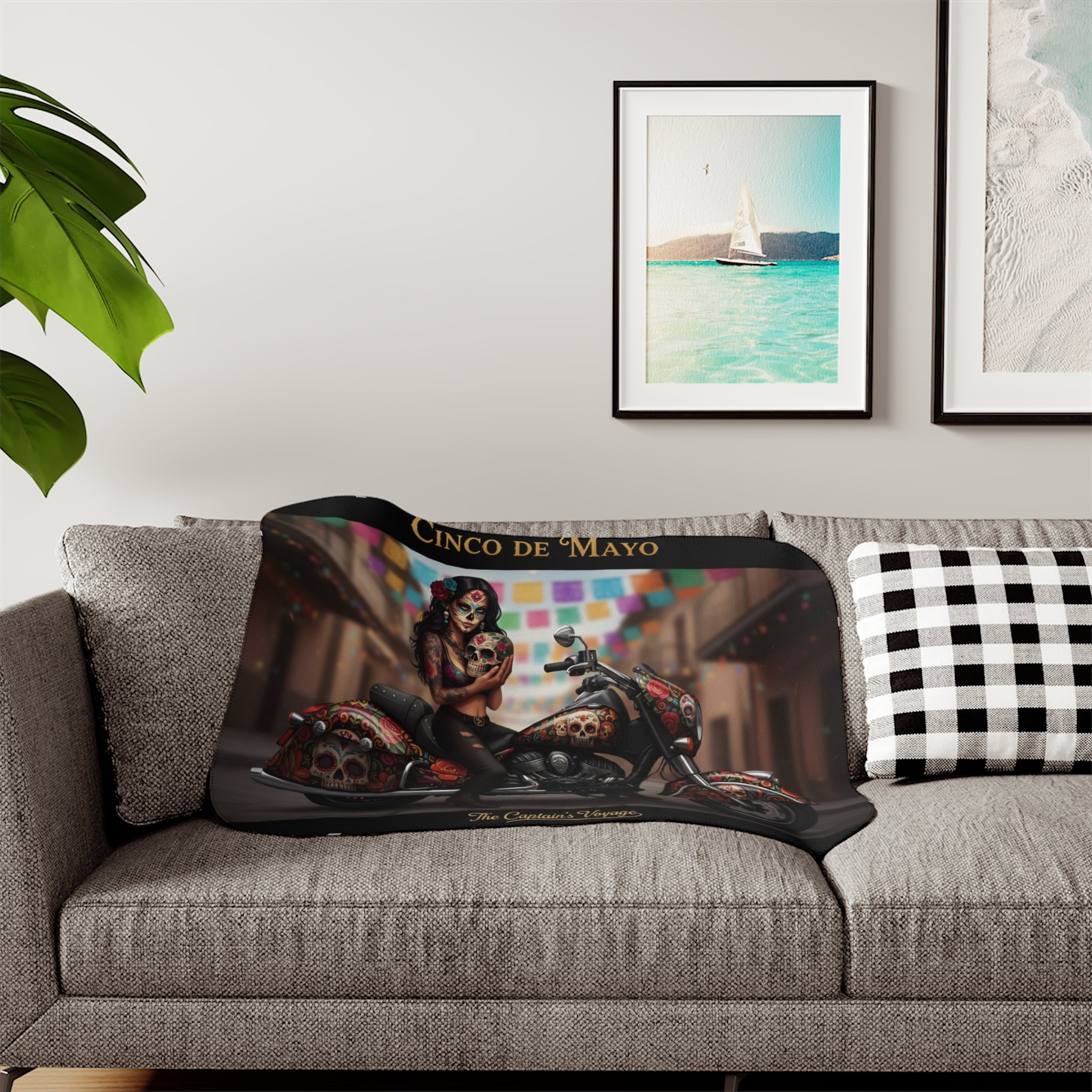 Cinco de Mayo Day of the Dead Biker Sherpa Blanket