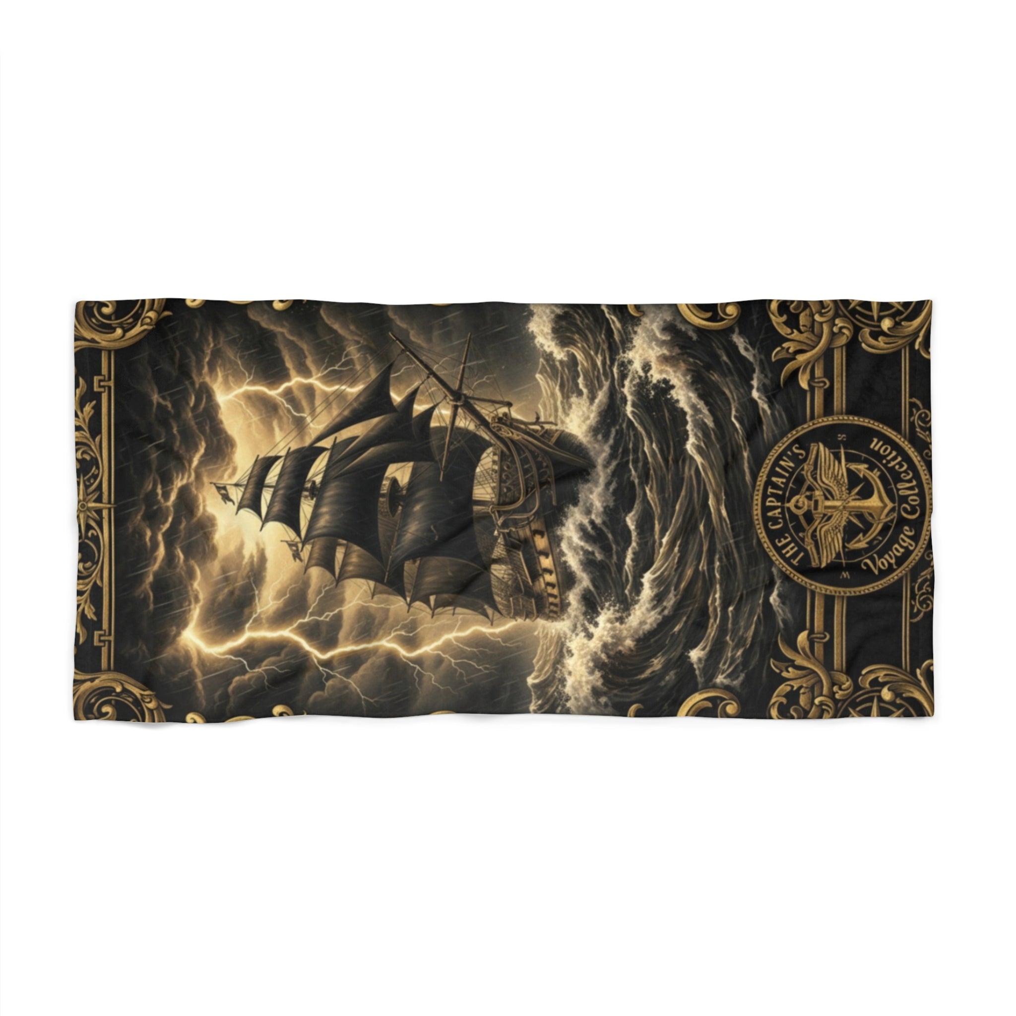 Nautical Storm Ship Beach Towel — Vintage Compass Sailboat Design