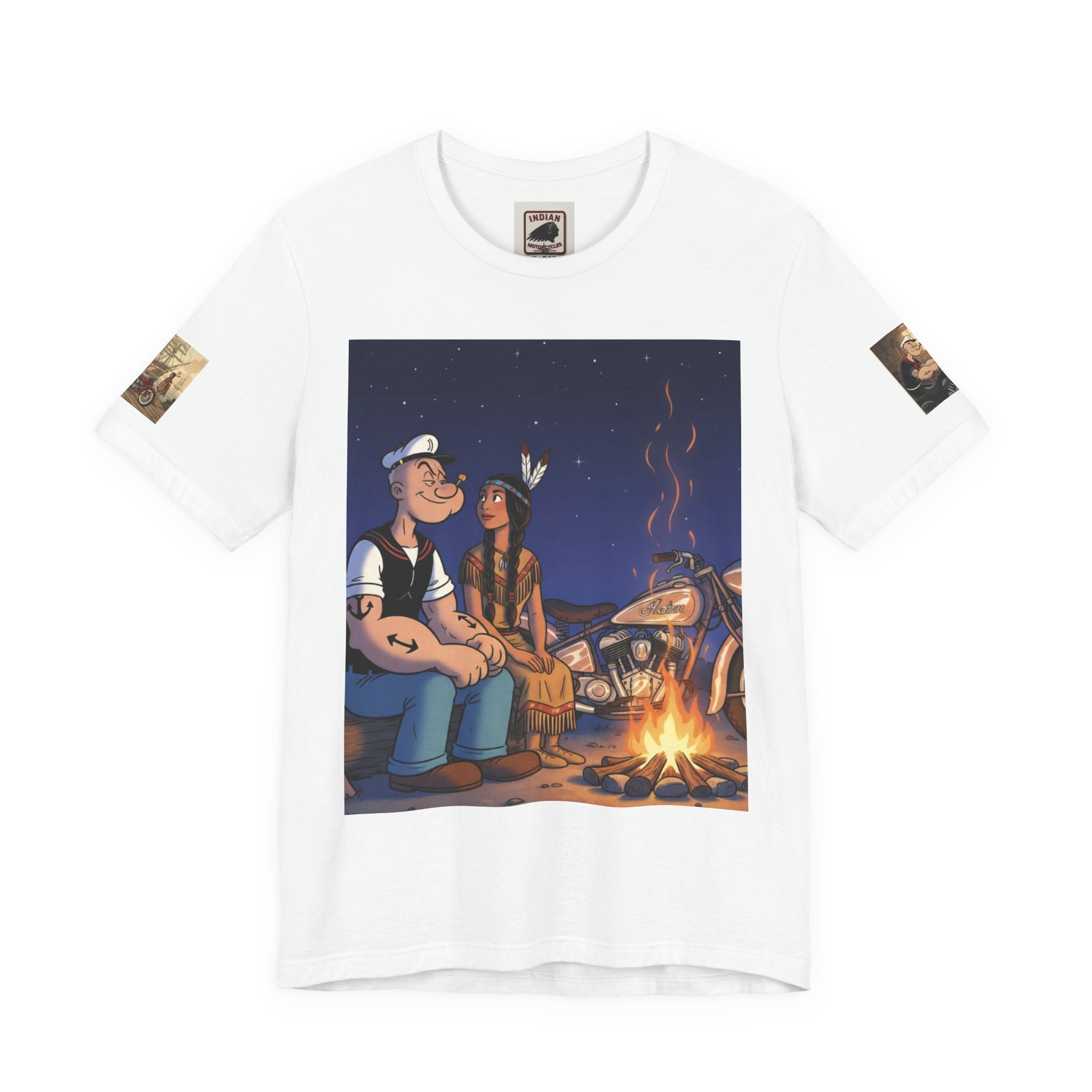 Popeye & Olive Adventure Tee — Vintage Motorcycle Campfire Graphic T-Shirt