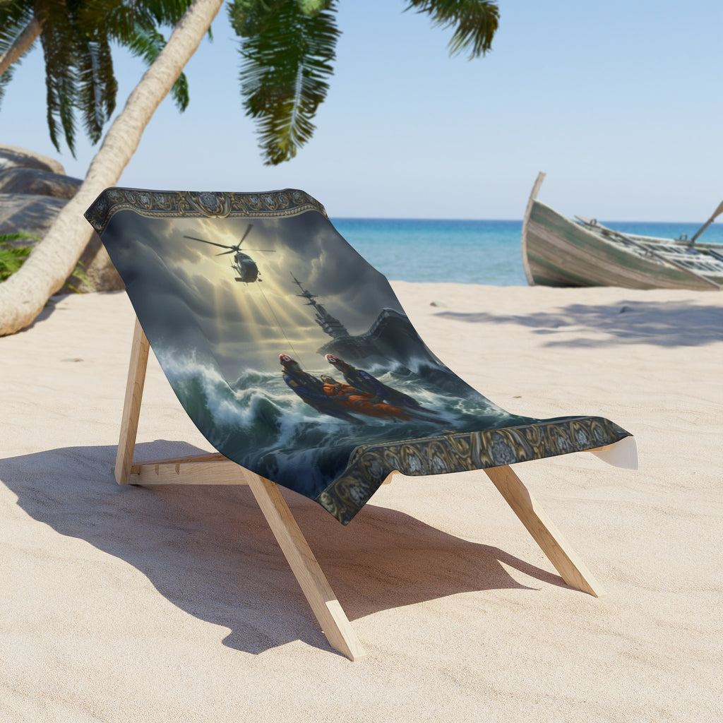 Nautical Rescue Beach Towel — Stormy Sea Lifeboat Design